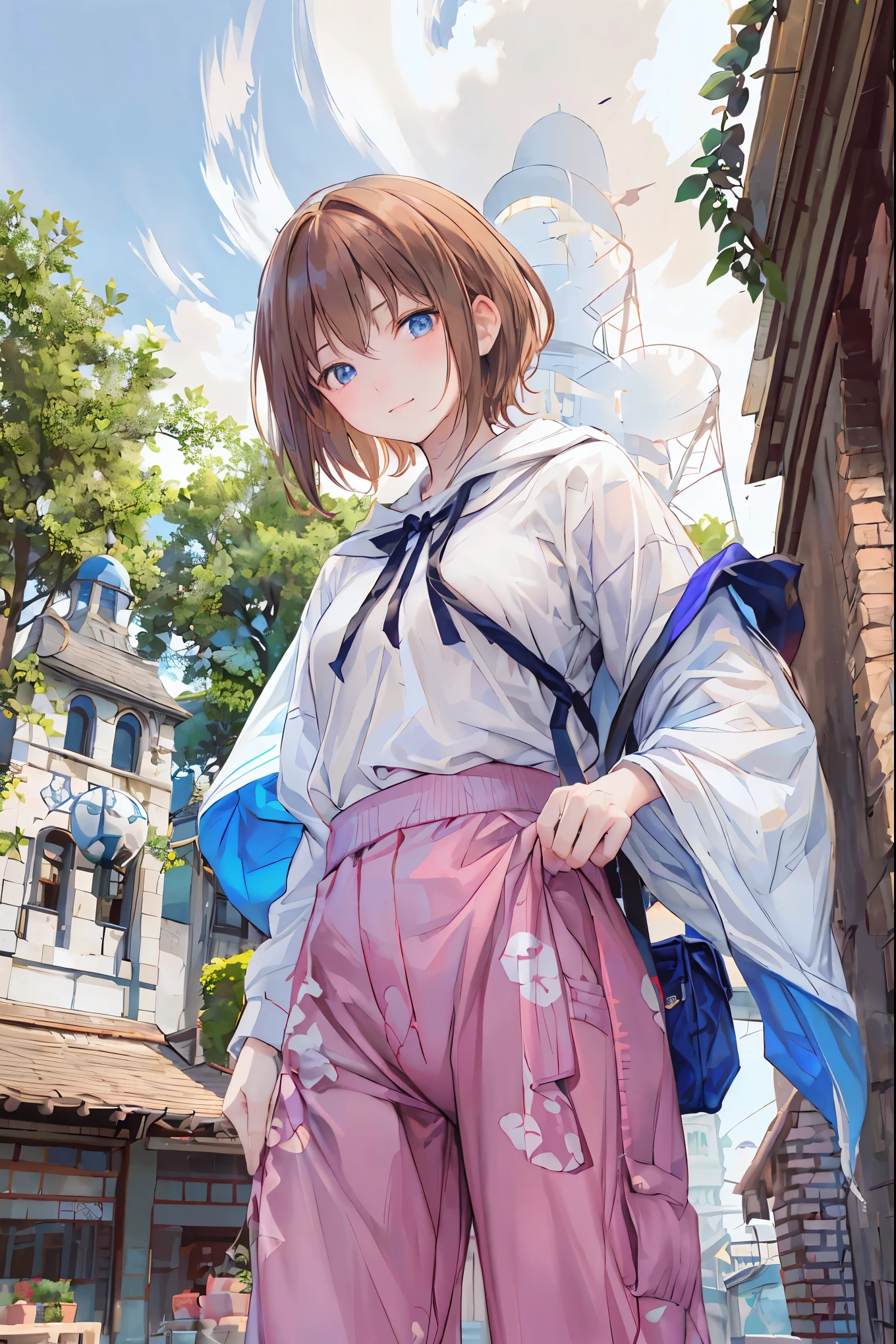 (( masterpiece )), ( black clothes), (( top quality)), ( Photos from the past 100 years :1.2), ( high image quality :1.3), ( take professional photos of every place where flowers bloom :1.2), ( Color Difference), mischievous girl , (()), (Serious), audience , Plain Shirt, Bedhead, curly hair, ( SMALL WAIST PANTS ), (( work pants)), , ( small ), Cute waist, outdoor , ((Top of the big bell tower)),International Travel,Brown suitcase, The sun shines on a bright summer day , Girl looking down from the top of a hill , the wind is blowing ,Tower of Pisa, Tourist Site, ANCIENT CITY ,sunlight ,Highlands,holy place,Multiple Churches, brown hair , shortcuts , hair is disheveled , short braided hair , Neat , slender beauty 、 Positive Attitudes , small , beautiful legs with a tail , Her charming gray-blue eyes shine like stars {x} , bright color, beautiful eyes ,A delicate smile, her enchanting gray-blue eyes sparkle like stars , top quality, Gentle beautiful woman , anime style、(( from below:1.2)),