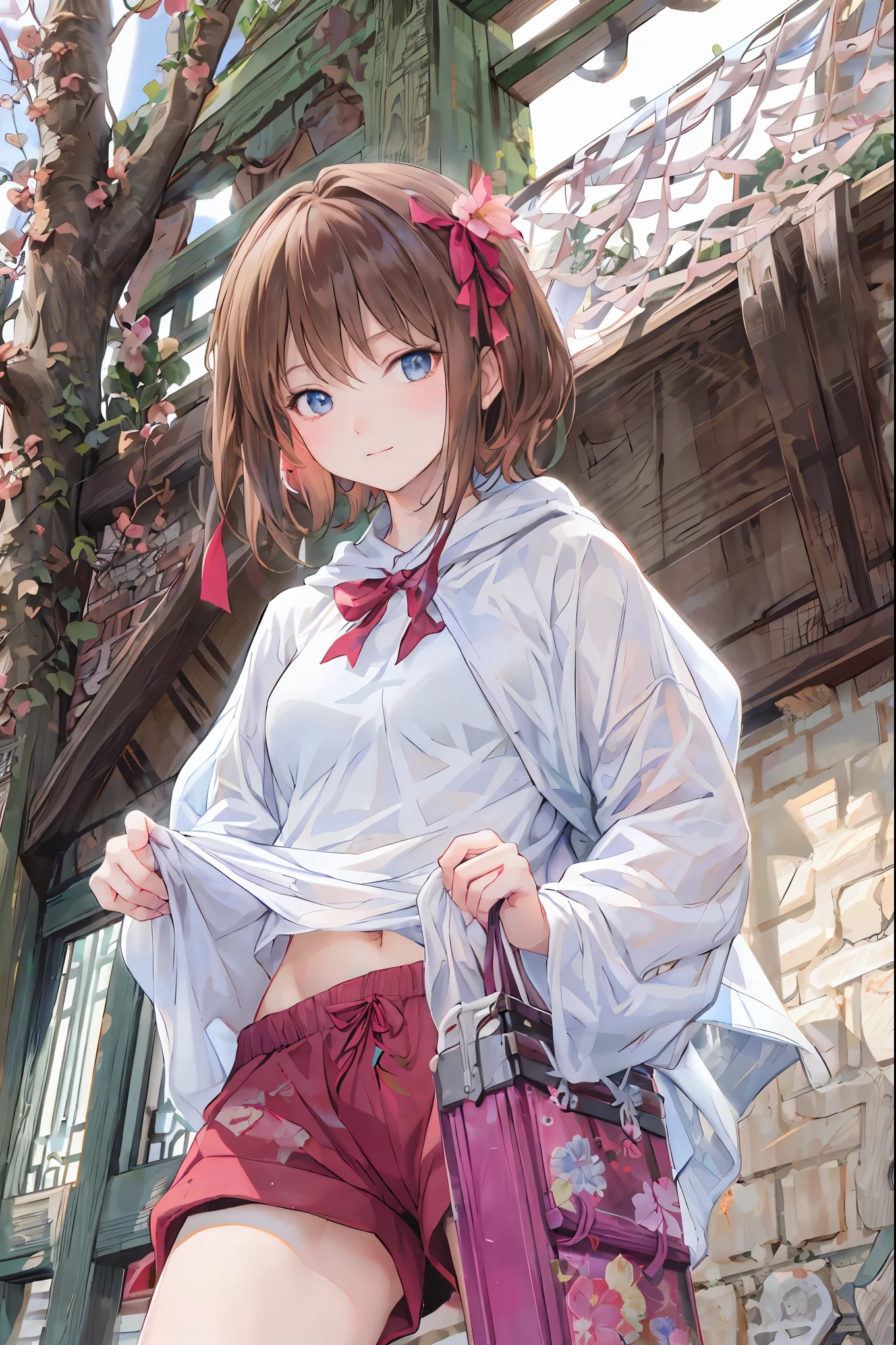(( masterpiece )), ( black clothes), (( top quality with beautiful eyes)), ( Photos from the past 100 years :1.2), ( high image quality :1.3), ( take professional photos of every place where flowers bloom :1.2), ( Color Difference), mischievous girl , (()), (Serious), audience , Plain Shirt, Bedhead, curly hair, ( SMALL WAIST PANTS ), ((Take off your work pants)), , ( small breasts), Cute waist, outdoor , ((Top of the big bell tower)),International Travel,Brown suitcase, The sun shines on a bright summer day , Girl looking down from the top of a hill , the wind is blowing ,Tower of Pisa, Tourist Site, ANCIENT CITY ,sunlight ,Highlands,holy place,Multiple Churches, brown hair , shortcuts , hair is disheveled , short braided hair , Neat , slender beauty 、 Positive Attitudes , small breasts, beautiful legs with a tail , Her charming gray-blue eyes shine like stars {x} , bright color, beautiful eyes ,A delicate smile, her enchanting gray-blue eyes sparkle like stars , top quality with beautiful eyes, Gentle beautiful woman , anime style、(( from below:1.2)),