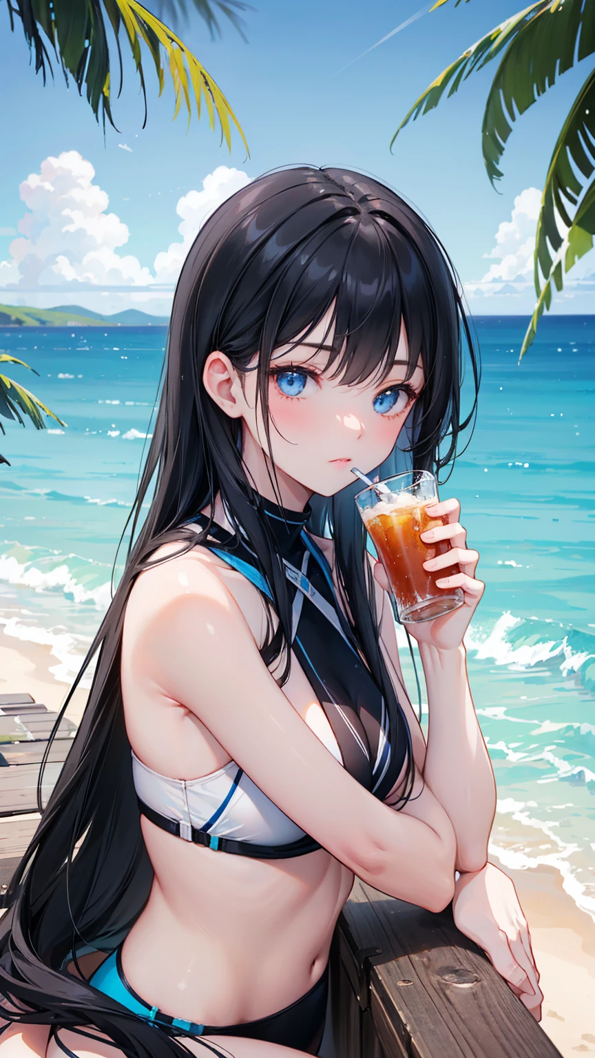 (Masterpiece, top quality, super detailed CG, ultra detailed beautiful face and eyes, super detailed, intricate details:1.2), 8k wallpapers, elaborate features,
(1 person, solo:1.4)perfect cartoon illustration,(1 person, solo:1.4)
(realistic textures:0.8), high res, cute, (vivid colors, dynamic lighting:1.0), (high contrast:0.8),
 Perfect anime illustration, a girl standing on the beach, very pretty face, big smile, long glossy black hair, clear white skin, bare legs, wearing a swimsuit with a lot of exposed skin, straw hat on her head, holding a drink in one hand and offering it to me, The sun is shining brightly, the place is by the waves on the beach where you can go swimming, the time is noon, a fresh breeze is blowing, there are sparse other people, the whole body is in the illustration.