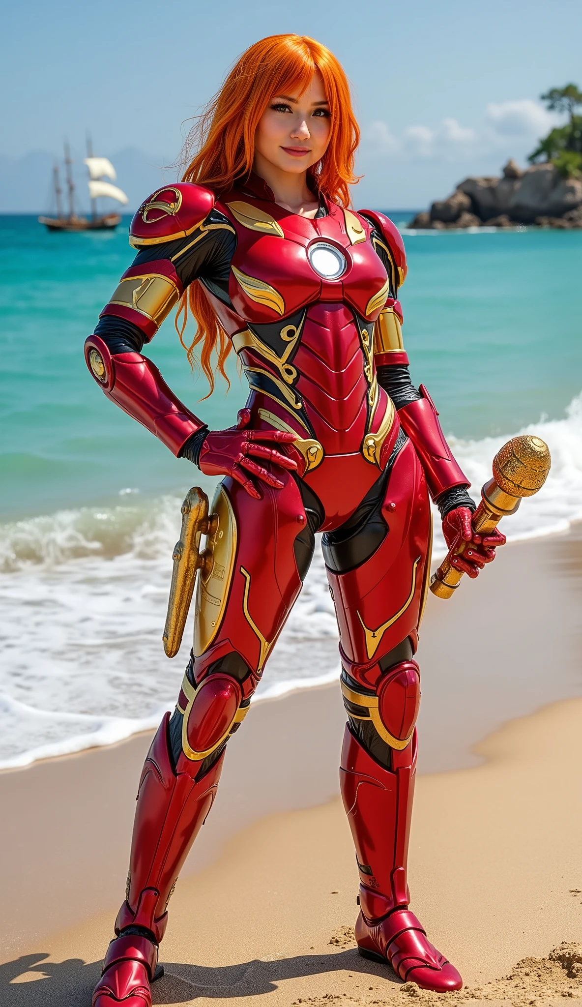  Imagine a The fusion fighter between Nami from One Piece and Iron Man from Marvel . He has an athletic body with advanced armor in red and gold,  combines elements of Iron Man's armor with an elegant design inspired by Nami's outfit .  This armor has ocean wave engravings and navigation maps ,  symbolizes Nami's seaworthiness .

 Her face reflects Nami's beauty ,  with long orange hair that the beach breeze . However,  his eyes shine with a digital HUD a la Iron Man .  in his hand ,  she holds a special version of Clima-Tact ,  who now has advanced technology ,  is able to eject high-precision lightning and storms .

on his chest ,  there is a compass-shaped arc reactor ,  that keeps rotating to show the direction .  Thin energy wings on his back help him soar in the air like Iron Man ,  while the bracelet in her hand can fire repulsor energy mixed with Nami's signature lightning strikes.

 The background is a beautiful tropical beach ,  with blue seas shimmering under the sunset light .  The waves hit the coral ,  and the gently blowing sea breeze , waving her hair .  In the distance ,  the pirate ship is seen sailing on the horizon .  The pose of this character is full of confidence ,  with one hand on his waist and the other hand charging lightning energy in the air ,  ready to fight .