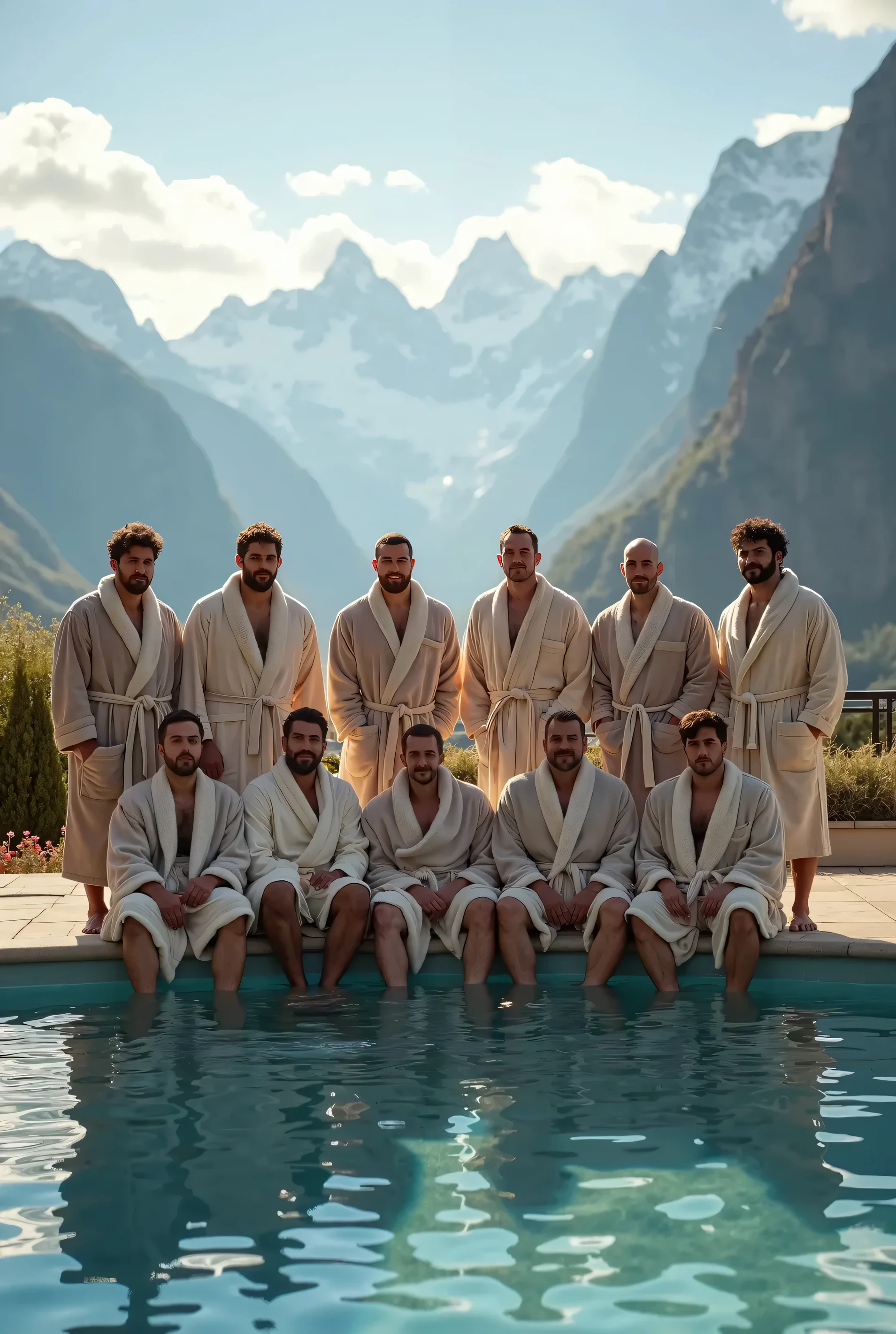 three middle eastern men in their 40s with graying hair in a sauna, lust, aroused, jock, underwear ad, macho, athletic tall handsome guys, men, handsome, gay, large bulges, homoerotic, masculine, short beards, ejaculation, masterpiece, daddy, jockstraps, towels, playful, hairy chest,