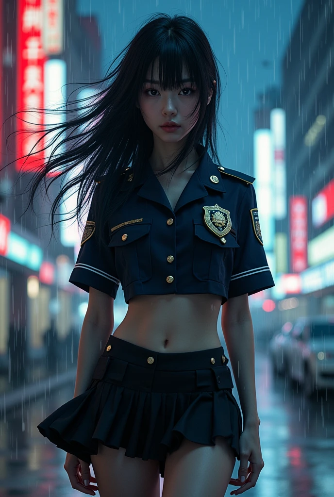 ((((masterpiece, best quality, high resolution)))), Extremely detailed 8K, 1 female, (Police Officer) wearing a cyberpunk police uniform and gear, (Ultra HD, Ultra-detailed, Highly detailed, Highly realistic, Ultra-realistic, photograph realistic), (1girl:1.5), (Realistic black hair), (dynamic poses), facing at camera, looking at viewer, (a serious focus face), (regular black eyes, sharp eyes), (perky breasts:1.2), (beautifully detailed face, beautiful detailed eyes), ((preparing for a police patrol)), (streets background), sweat, glow, (sunbeam, sunlight), ((cowboy shot)), seductive, EnvyBetterHands LoCon,