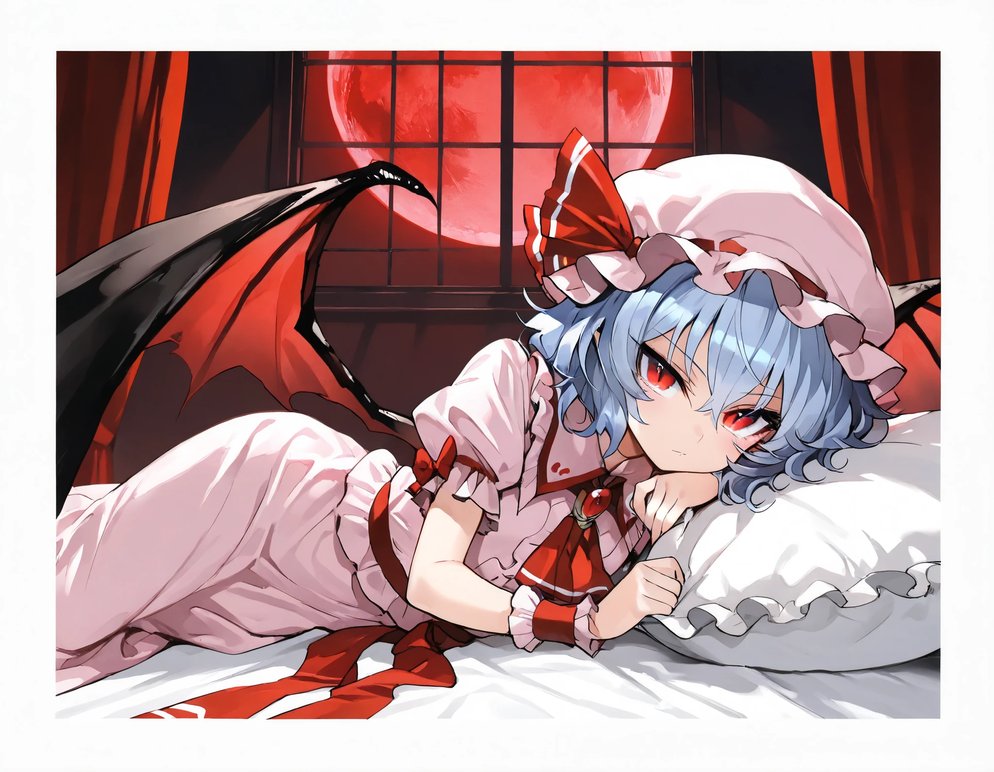 (best quality, highest quality:1.2), masterpiece, top quality, ultra high definition, rich contrasts, HD, 8k, High Definition CG Unit Wallpaper, texture, Unbelievably Absurd, ultra high definition, RAW photos, Deep border:1.2, very detailed, ((half undress)),
1girl, solo, Diabolical, newest, highres, absurdres, highly detailed, best quality, lying, bed room,
Anime Girls, blue hair, dress, frills, hat, hat ribbon, mob cap, pink dress, puffy sleeves, red ascot, red eyes, red sash, remilia scarlet, ribbon, sash, short hair, short sleeves, white dress, wings, wrist cuffs,
red full moon, night sky, night, red moonlight, red curtain, window, indoor,
