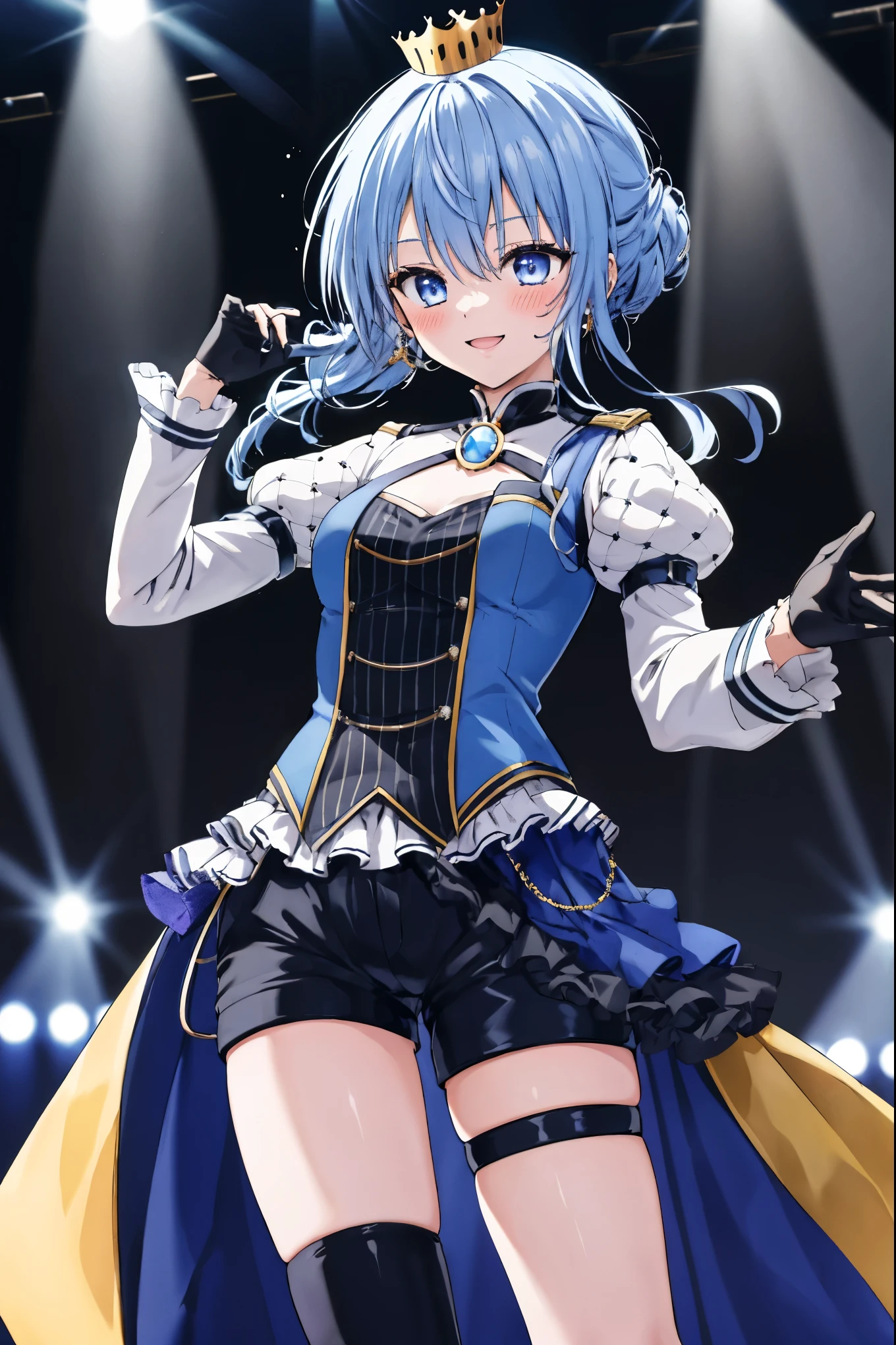 masterpiece, best quality, absurdres, 1girl, solo, Hoshimachi Suisei, light blue hair, blue eyes, happy, smile, parted lips, cowboy shot, sidelocks, ponytail, toned,
idol, idol clothes, hololive idol uniform, bowtie, blue skirt, brooch, dress, concert, on stage, frilled skirt, jewelry, layered dress, short sleeves, tiara, midriff, thighhighs