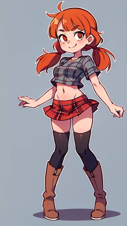 Twintail, red haired, 1girl, grey eyes, short youngling, small immature flat chest, pov, stands, bends over, looks at the viewer, spread legs, blushing, sweating, smiling, immature, nude nipples, uncovered breasts, unfiltered femininity