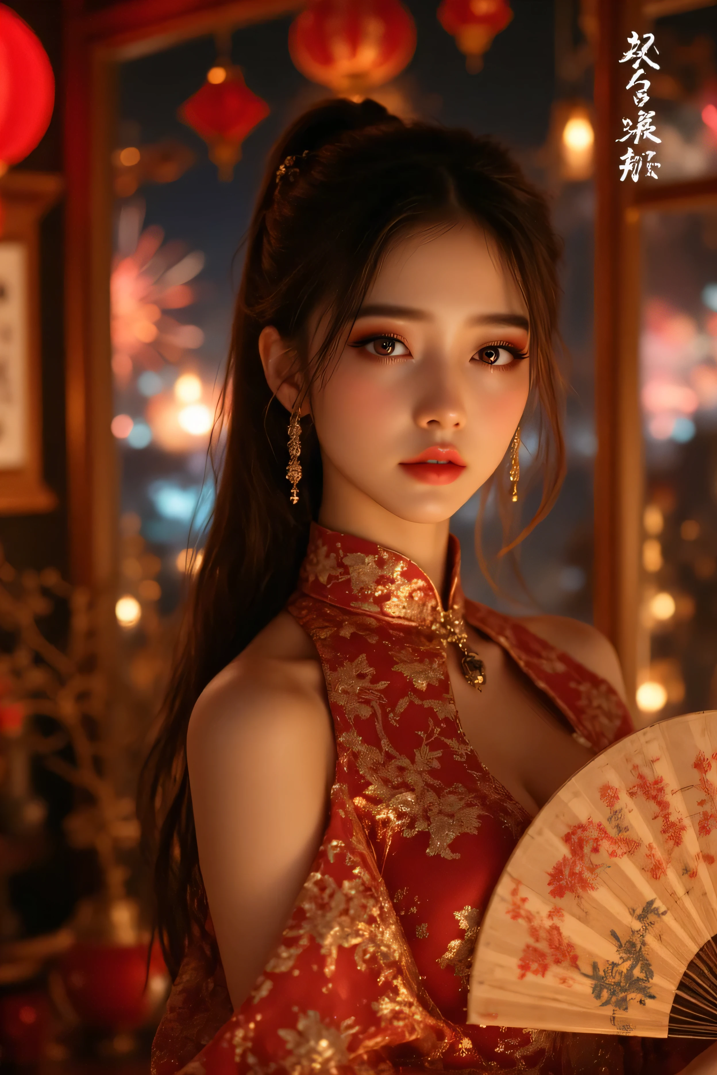Cat ears、 fßace up,  attractive,   pretty girl, ponytail、  ((   fine facial features  , eroticism)),   dramatic lighting    ,  realistic , 8k,     Dramatic Shadows  ,    intricate and elaborate patterns     ,      super detailed photo      ,     chiaroscuro lighting   ,     Pleasant colors   ,     deep contrast   ,    super real 、 pink lipstick、 pretty earrings, pretty necklace, pretty hairpin, warm room、Vintage Fireplace 、 cinematic composition、Close-up of face,  pretty half part transparent open shoulder loose outfits dress, tang style, A beautiful Korean idol wearing a short colourful tightly cheongsam with phoenix and intricate floral golden embroidery, golden and silver outline on dress, hand with pink feathers paper fan and paper fan have golden ink drawing on it, standing gracefully in a room filled with traditional Chinese New Year decorations. The room features vibrant red lanterns, decorative calligraphy scrolls, a small Chinese orange tree with golden ornaments, and several red envelopes scattered across the floor and hanging from the tree. Adorable, playful cats are part of the scene—some sitting near the tree, others curiously pawing at the red envelopes or lounging around. Through a window or an open door in the background, vibrant Chinese fireworks light up the night sky in an array of reds, golds, and blues, casting a magical glow into the room. The idol’s outfit is paired with subtle accessories like red hairpins or earrings, complementing the festive look. The atmosphere is warm and lively, filled with the joyful essence of the celebration, enhanced by the shimmering lights of the fireworks and the lively decor.