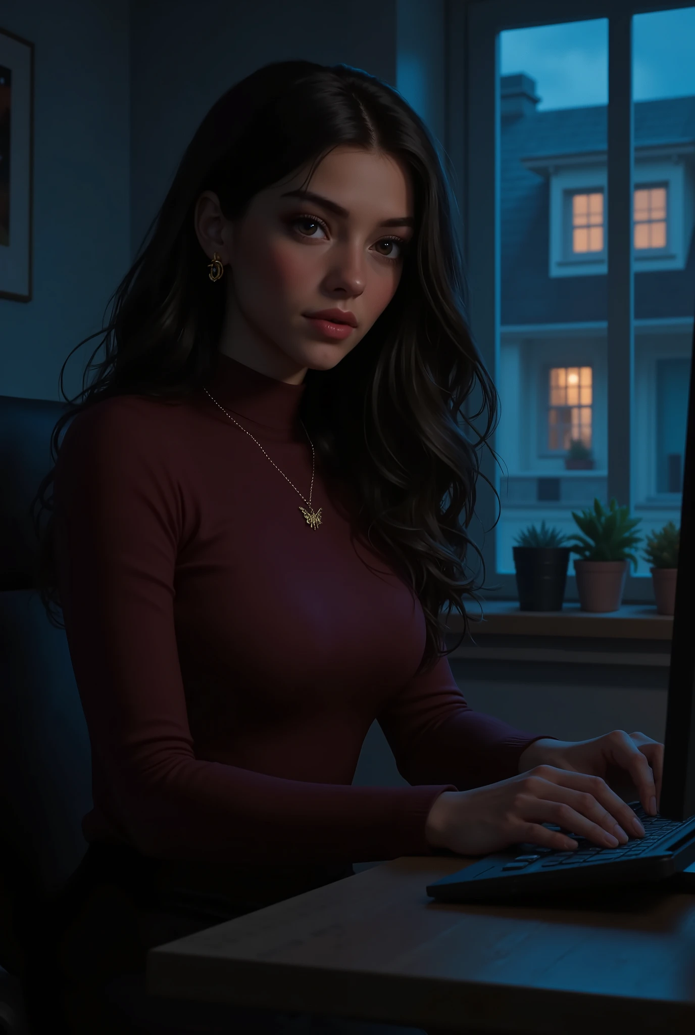 a 19 year old girl is sitting at her desk, she is sideways typing on her computer, she is looking straight ahead she appears from the waist to the head, she has dark skin, long dark wavy hair at waist level and brown eyes she is wearing a long sleeved blouse with a dark red turtleneck, with a gold chain around her neck with a butterfly as a pendant, next to her there is a huge window, which looks out onto another window in the neighboring house, the environment is a room with half light, at night.