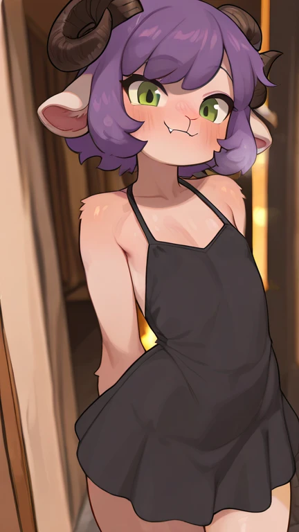 Mina Ashido, My hero academy, voluptuous, fur, violet panties, lace panties, black dress, neckline, fitted dress, lifting up her short dress, showing her panties, standing, Wet panties, heart eyes, blushing, nervous face, dripping panties, room, evening, with panties, holding her dress with her hands, head on, nervous smile, gaze fixed on the viewer