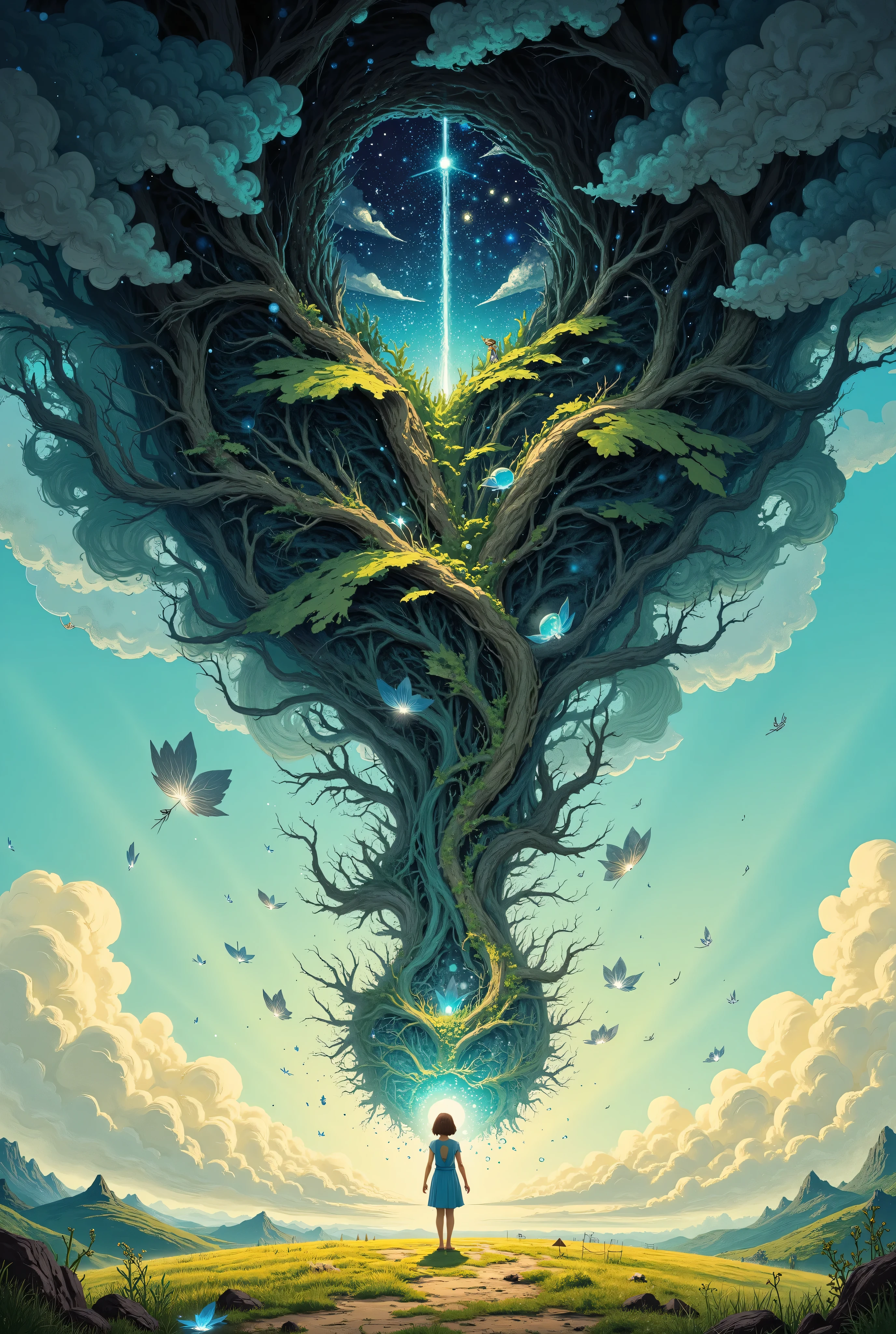 A massive tree is suspended upside-down in the sky, its vast roots woven into dense, misty clouds, pulsing with hidden life. Below, a small girl in a blue sundress stands barefoot on a sunlit field, reaching out to grasp a radiant silver flower that dangles from the tree’s unseen branches. The sky above shimmers with swirling galaxies, casting an otherworldly glow over the scene, as if the entire world has been turned inside out.