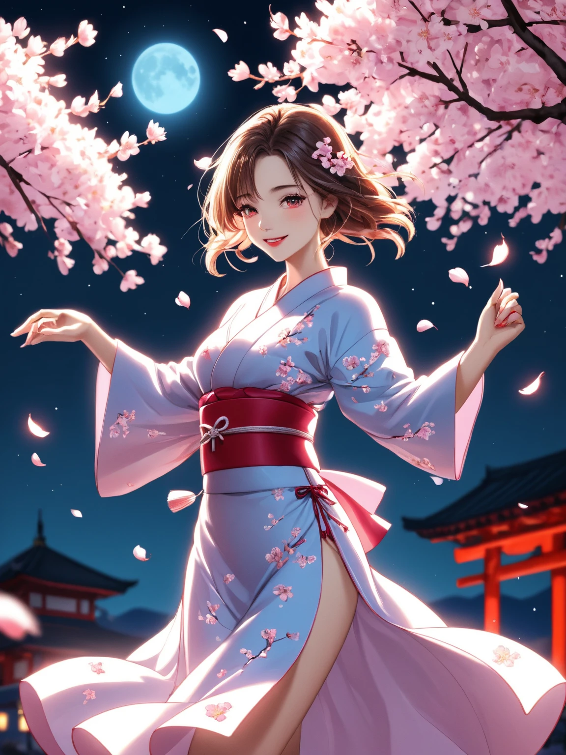 loose outfit、Show shoulders、壊れたsee -through着物の着方、Decorated with intricate patterns and bright colors、Transparent material that makes the skin shine、Artistic depiction of seductive woman in kimono with wet thin cloth and transparent skin, 流れるような絹のような伝統的なsee -through肌を持つ花柄で幻想的なパターン。Her dress draped elegantly around her curvaceous figure、Emphasizes her charming silhouette。She's a gentle fireworks night、Dynamic Posing、A sexyポージング、bathed in the soft glow of moonlight。The scene is、With a hint of mystery and sensuality、It exudes an ethereal dreamy atmosphere。The image style is、Incorporates a blend of watercolor and digital illustration techniques.、It makes you feel delicate beauty and charm。Soft moonlit lighting、Cast gentle highlights and shadows on her mesmerizing features。Dynamic Posing、Bold poses、The hand is somewhere、see -through、show through、A sexy、On the waterぬれて hair、On the waterぬれて、petals under the cherry blossoms、cherryblossom、The cherry tree、Sakura blizzard、buried、Transparent skin、On the waterぬれて clothes、Chest Pulling、Translucent clothes、On the water、