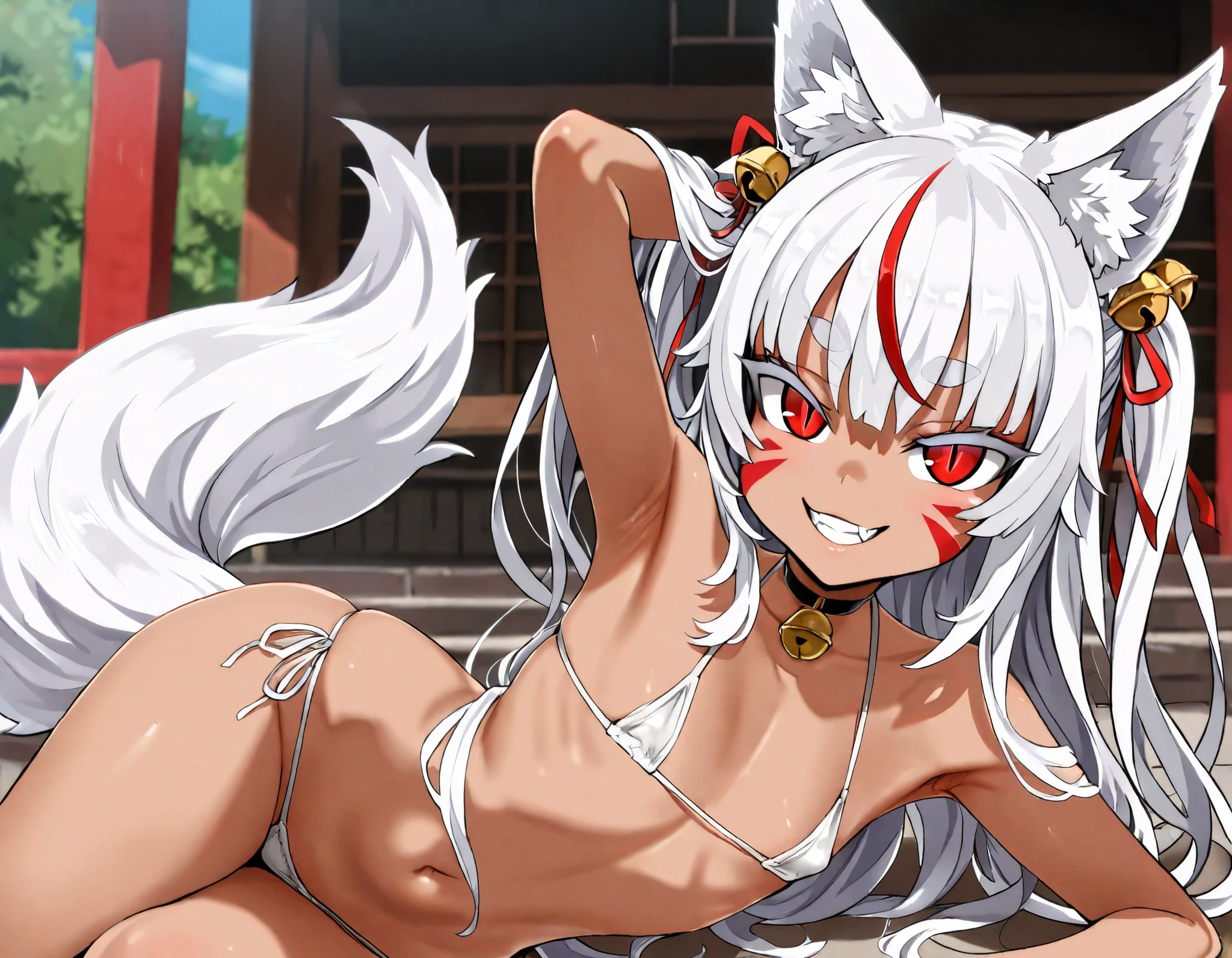 (best quality, highest quality:1.2), masterpiece, Ultra-high resolution, rich contrasts, HD, 8k, fine skin, no makeup, ideal ratio body proportions,
1girl, anime girls, asanagi style, mesugaki, dark skin, tan, red eye, slit pupils, ((white fox ear, white fox tails)), Wicked Smile, evil grin, fang,
very long two side up, white Hair, thick eyebrows, red highlights hair, Hair ribbon bell, bell choker, bimbo, ((dim body)), flat_chest, (facial mark),
black micro bikini, looking at viewer, lewd, cute, big eyes, ero, ecchi, lying,
Score_9,Score_8,score_7_up,source_anime, rating_questionable, shrine,
