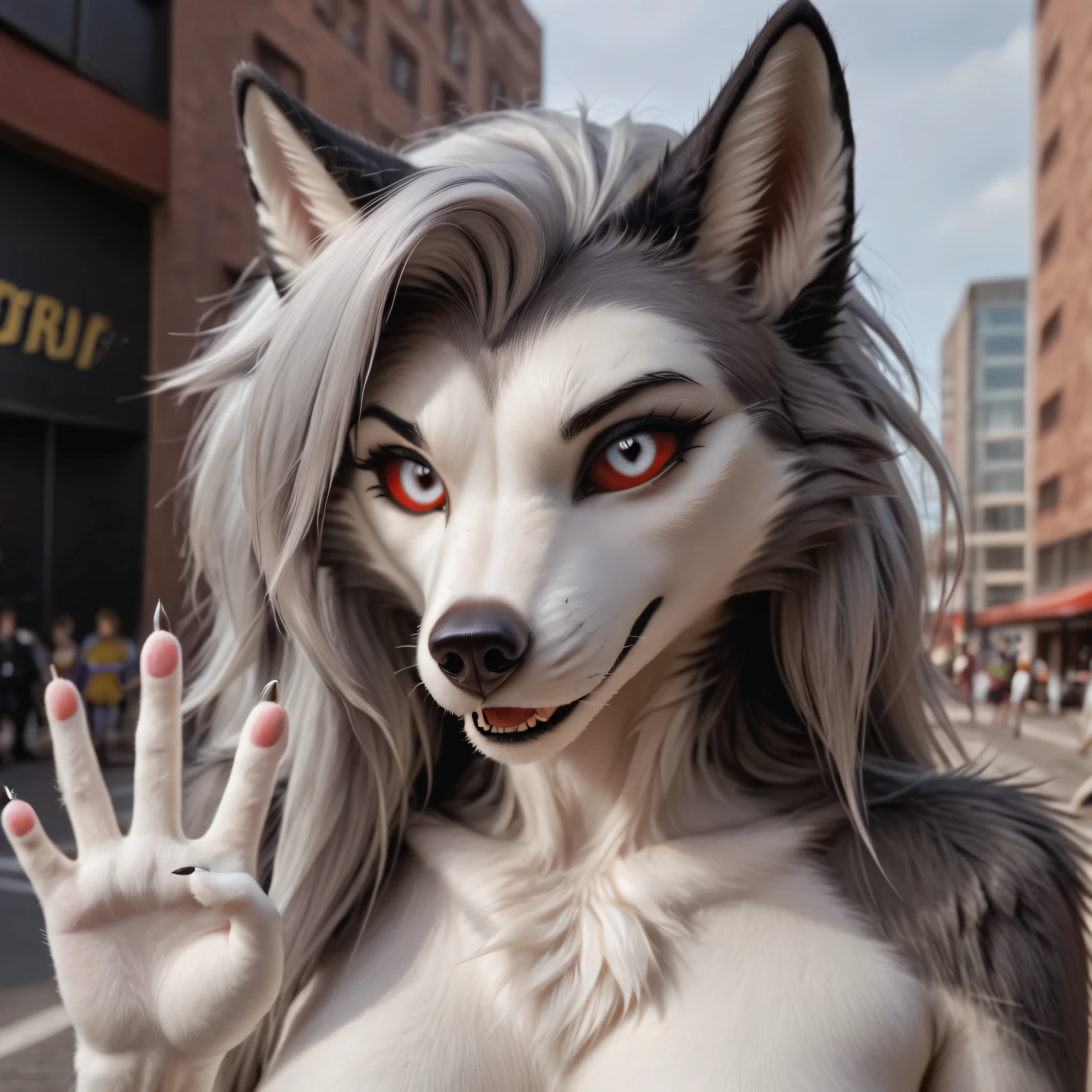 A highly detailed pov illustration of (((realistic furry, anthro white wolf, female wolf, black makeup, white eyes with red sclera, silver hairs, black ears, sensual, loona, claws, ultra realistic, slim anthro,(white pupils), small wolf's chin, cute female anthro, (big eyes))) looking at viewer, (detailed eyes, ultra detailed eyes), sexual, aroused, standing over viewer, viewed from below, close-up, ((detailed cameltoe)) mons visible, inguinal crease, showing off body, suggestive hand gesture, ((skimpy outfit, sexual pose)), (detailed fur texture, detailed fur), detailed background, public park, by sandra chevrier and greg rutkowski and wlop, bright light, digital art, highly detailed, fine detail, intricate, ornate, complex, octane render, unreal engine, photorealistic, 8k, 16k.