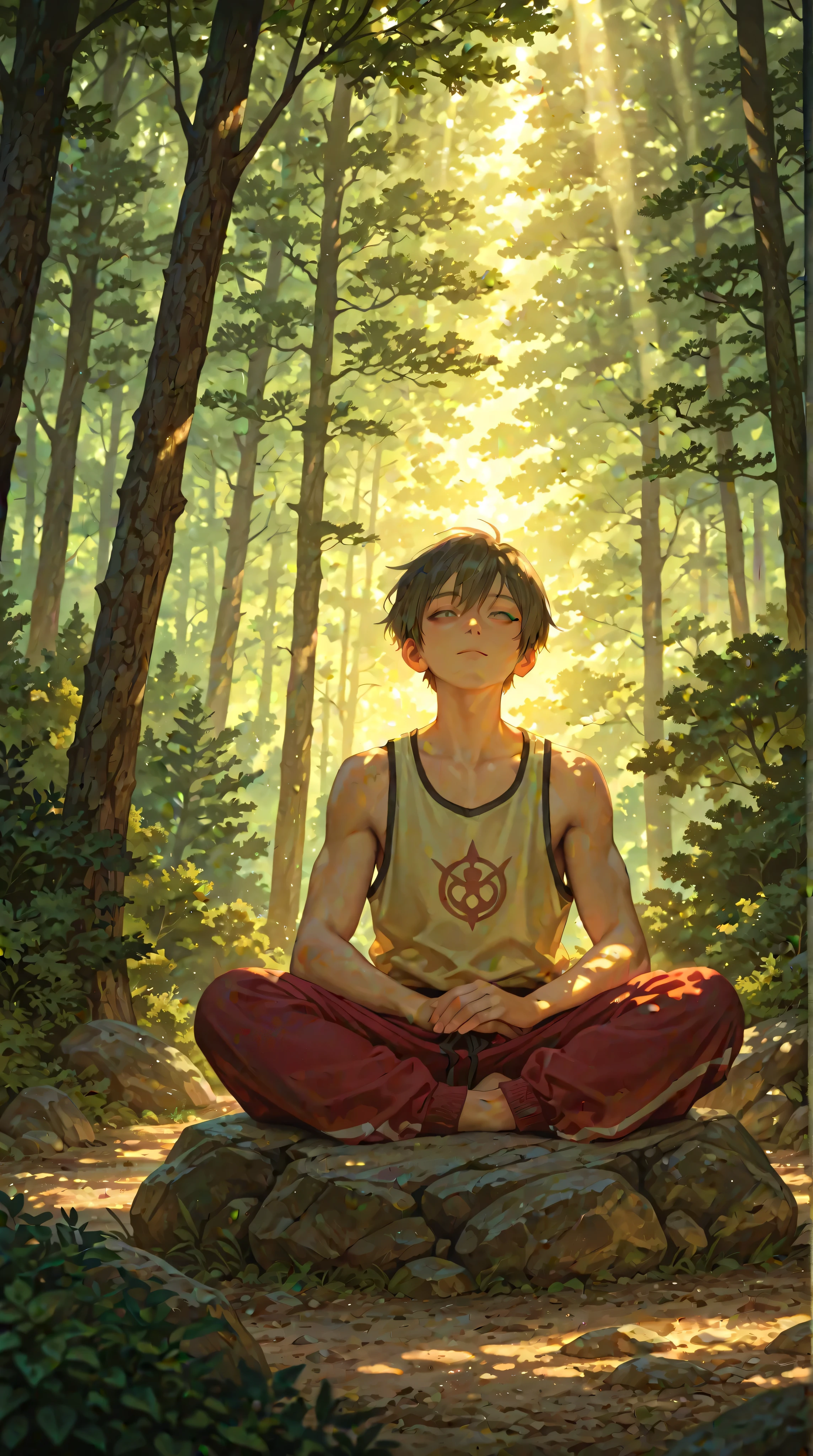 masterpiece, best quality, amazing quality, very aesthetic, absurdres, soft lighting, backlighting, light particles, depth of field, sunbeam, dappled sunlight,
BREAK
outdoors, day, forest, tree, bush, boulder, mountain,
BREAK
1boy, solo, avatar air bender \(Ang), tank top, sitting, track pants, indian style, expressionless, looking to upwards, face lifted, meditating , no emotions, calm, relaxed, enjoying the bliss of meditation, hand are in meditation pose