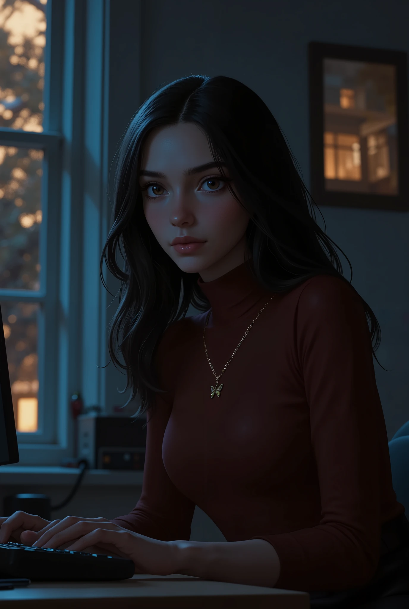 a 19 year old girl is sitting at her desk, she is sideways typing on her computer, she is looking straight ahead she appears from the waist to the head, she has dark skin, long dark wavy hair at waist level and brown eyes she is wearing a long sleeved blouse with a dark red turtleneck, with a gold chain around her neck with a butterfly as a pendant, next to her there is a huge window, which looks out onto another window in the neighboring house, the environment is a room with half light, at night.