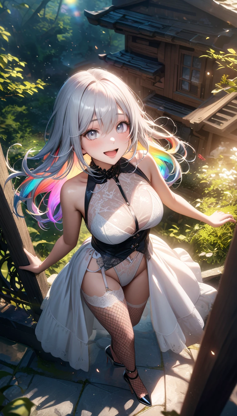(snowing, winter season, Christmas tree, Christmas season:1.3), full bodyesbian, masterpiece, (bend at the waist, Best quality at best, official art, Very detailed CG 8k wallpaper, (flying petal)(Detailed ), Crystal texture of the skin, Grim expression, (fox ear), white hair, long white hair, messy  hair, eBlue eyes, Medium breasts, looking at viewer, Hands are truly optimized, The foot  truly and reasonably optimized, very fine and beautiful, A high resolution, (Underwear lace, Silky), Navel-baring, Sling pajamas black silk, Strangle leg rings, close-up on legs, Unilateral ponytail with very long white hair, smile, Flushed face, Lie down, lots of resolution, Close-up of the hand, The lines are clear and realistic, photograph realistic, best quality, masterpiece, Extremely refined and beautiful, extremely details, CG 8K, Amazing Cleavage, finely detailed, masterpiece, Best quality at best, extremely detailed CG unity 8k wallpaper,