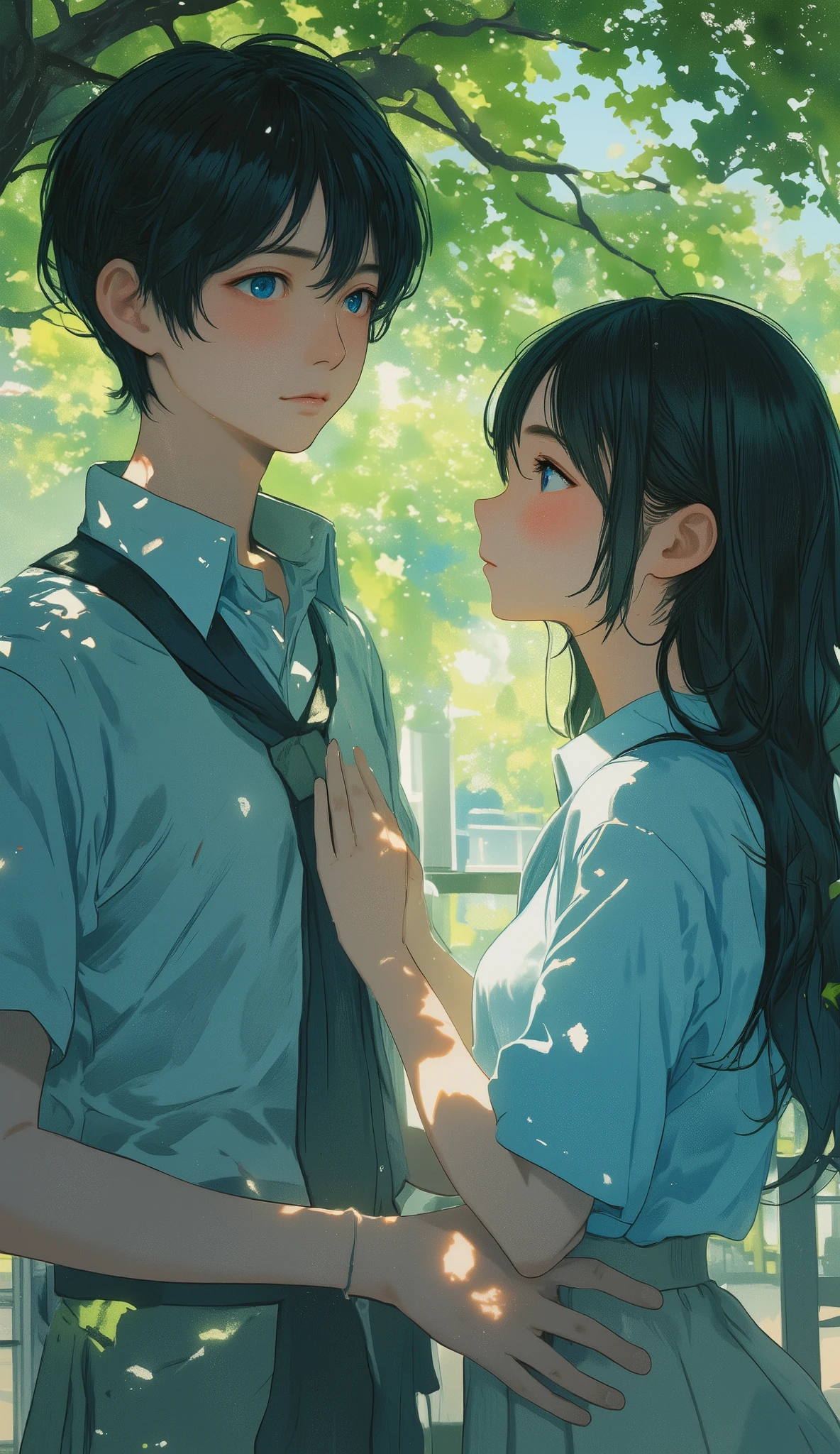 A young woman with long, dark hair and soft bangs gazes at a young man with deep, affectionate eyes filled with hidden emotions. She is wearing a slightly oversized, light blue school uniform shirt, her posture leaning slightly forward. Her expression conveys a mix of admiration and longing as she gently holds onto the young man's arm. The young man, dressed in a similar school uniform, looks back at her with a subtle expression, his face partially shadowed. The background is softly blurred with green hues, indicating an outdoor setting, possibly near a window or in a park. The lighting is natural and moody, casting a cinematic atmosphere