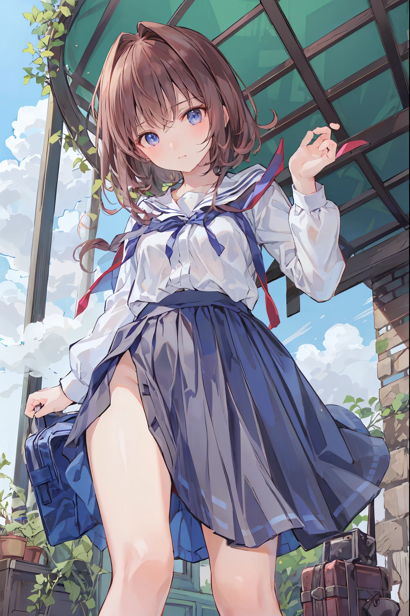 Yuuki Asuna low angle、Long skirt、Hold down your skirt that is being blown up by the strong wind、The strong wind is showing her white cotton panties、
