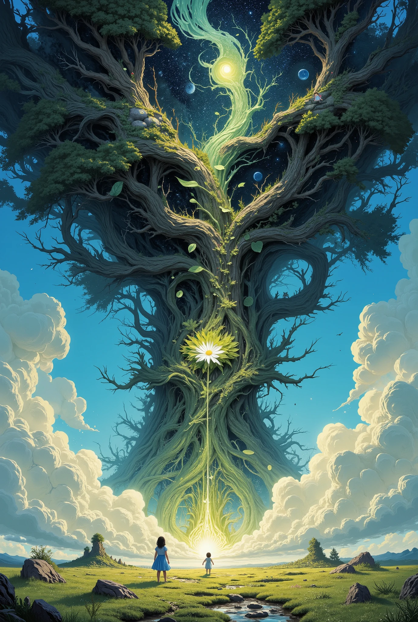 A massive tree is suspended upside-down in the sky, its vast roots woven into dense, misty clouds, pulsing with hidden life. Below, a small girl in a blue sundress stands barefoot on a sunlit field, reaching out to grasp a radiant silver flower that dangles from the tree’s unseen branches. The sky above shimmers with swirling galaxies, casting an otherworldly glow over the scene, as if the entire world has been turned inside out.  
