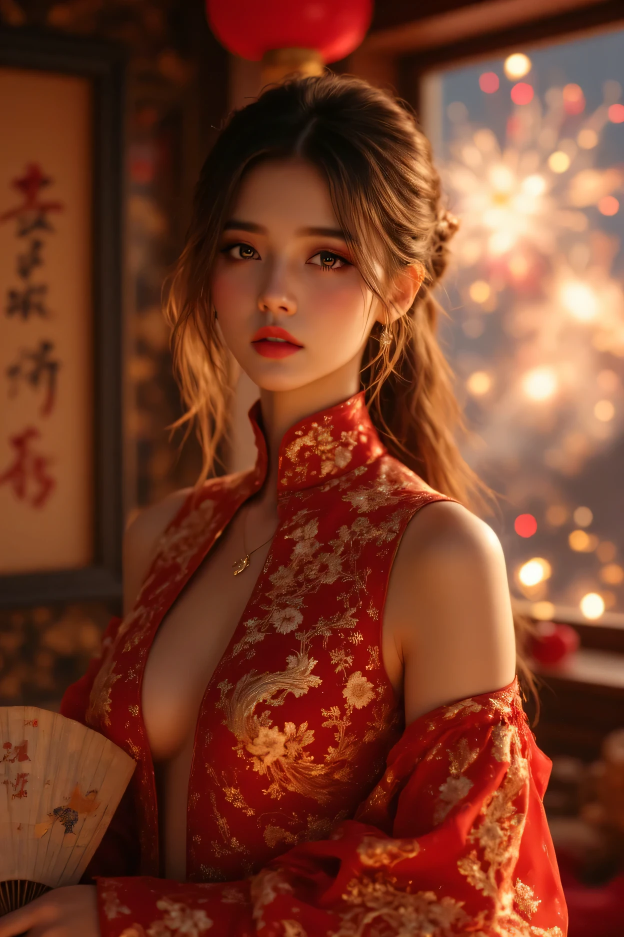 Cat ears、 fßace up, attractive, pretty girl, ponytail、 (( fine facial features , eroticism)), dramatic lighting , realistic , 8k, Dramatic Shadows , intricate and elaborate patterns , super detailed photo , chiaroscuro lighting , Pleasant colors , deep contrast , super real 、 pink lipstick、 pretty earrings, pretty necklace, pretty hairpin, warm room、Vintage Fireplace 、 cinematic composition、Close-up of face, pretty half part transparent open shoulder loose outfits dress, tang style, A beautiful Korean idol wearing a short colourful tightly cheongsam with phoenix and intricate floral golden embroidery, golden and silver outline on dress, hand with pink feathers paper fan and paper fan have golden ink drawing on it, standing gracefully in a room filled with traditional Chinese New Year decorations. The room features vibrant red lanterns, decorative calligraphy scrolls, a small Chinese orange tree with golden ornaments, and several red envelopes scattered across the floor and hanging from the tree. Adorable, playful cats are part of the scene—some sitting near the tree, others curiously pawing at the red envelopes or lounging around. Through a window or an open door in the background, vibrant Chinese fireworks light up the night sky in an array of reds, golds, and blues, casting a magical glow into the room. The idol’s outfit is paired with subtle accessories like red hairpins or earrings, complementing the festive look. The atmosphere is warm and lively, filled with the joyful essence of the celebration, enhanced by the shimmering lights of the fireworks and the lively decor.