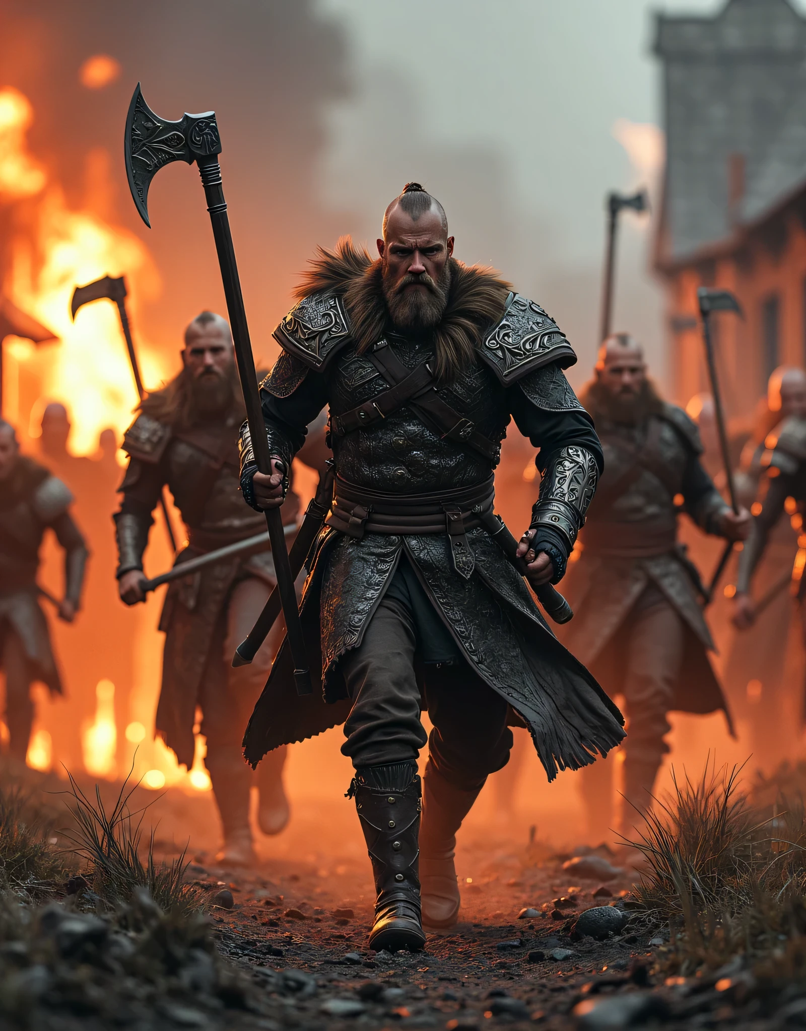 **Prompt:** Create an intricately detailed landscape scene of a Viking raiders tribe army during the medieval age, showcasing hyper-realism and a symmetrical composition. Capture the scene from an ultra-wide angle to immerse the viewer in this burning medieval village scenery. Illustrate the Viking raiders, clad in full armor, as they charge into battle with fierce determination, wielding intricately designed battle axes. Emphasize dynamic leading lines that guide the eye through the image, highlighted by a rich UHD ambiance and a mixed lighting concept that enhances the realism of their expressions. Pay special attention to accurate group of human anatomy, focusing on their hands as they charge for combat. Zoom out to reveal the entire battle unit in all its fierce, ensuring a depth of field that enhances the visual impact. Utilize state-of-the-art 3D CGI textures to vividly bring this Viking tribe to life in a visually stunning piece of FantasyPunkAi Artwork.