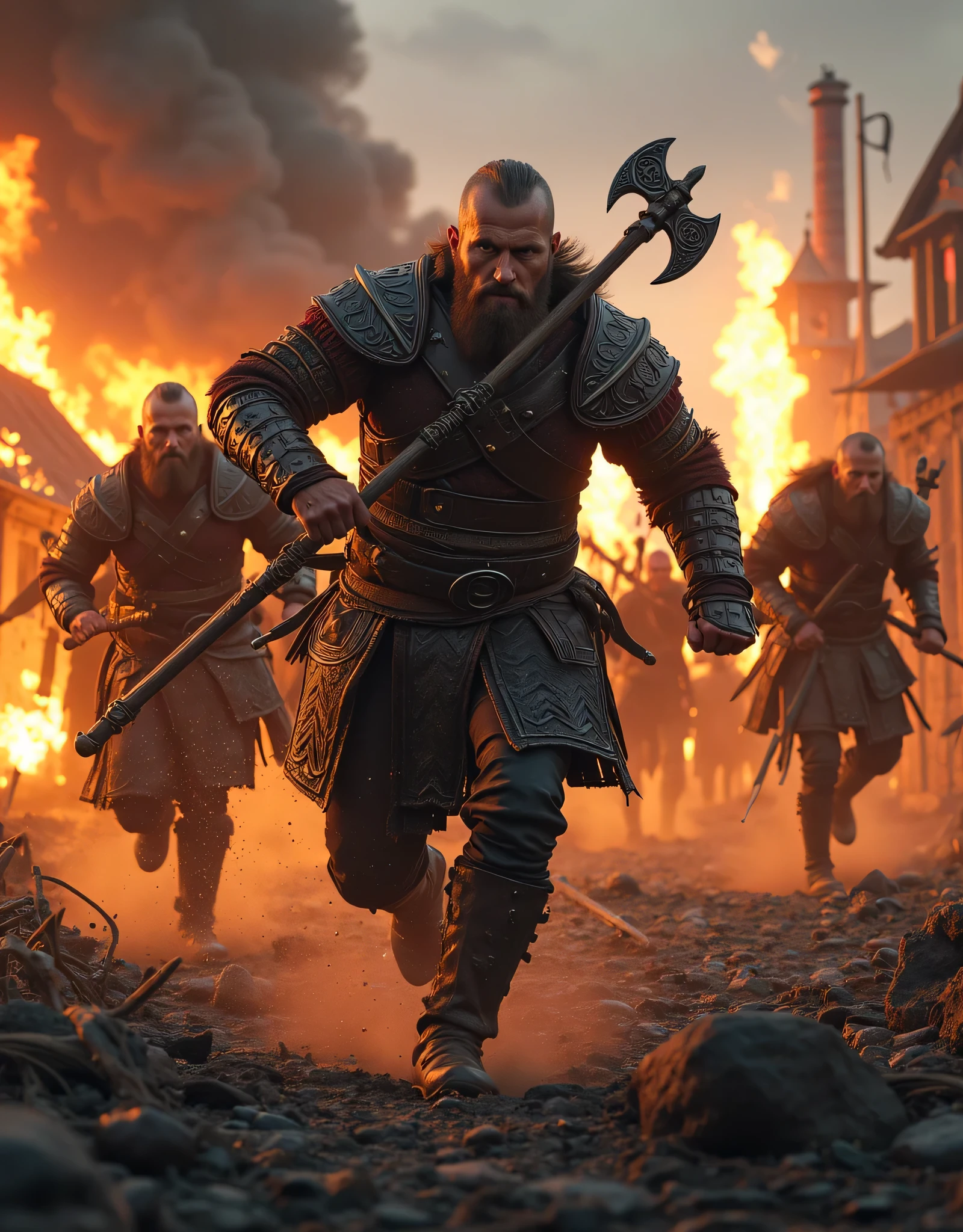 **Prompt:** Create an intricately detailed landscape scene of a Viking raiders tribe army during the medieval age, showcasing hyper-realism and a symmetrical composition. Capture the scene from an ultra-wide angle to immerse the viewer in this burning medieval village scenery. Illustrate the Viking raiders, clad in full armor, as they charge into battle with fierce determination, wielding intricately designed battle axes. Emphasize dynamic leading lines that guide the eye through the image, highlighted by a rich UHD ambiance and a mixed lighting concept that enhances the realism of their expressions. Pay special attention to accurate group of human anatomy, focusing on their hands as they charge for combat. Zoom out to reveal the entire battle unit in all its fierce, ensuring a depth of field that enhances the visual impact. Utilize state-of-the-art 3D CGI textures to vividly bring this Viking tribe to life in a visually stunning piece of FantasyPunkAi Artwork.