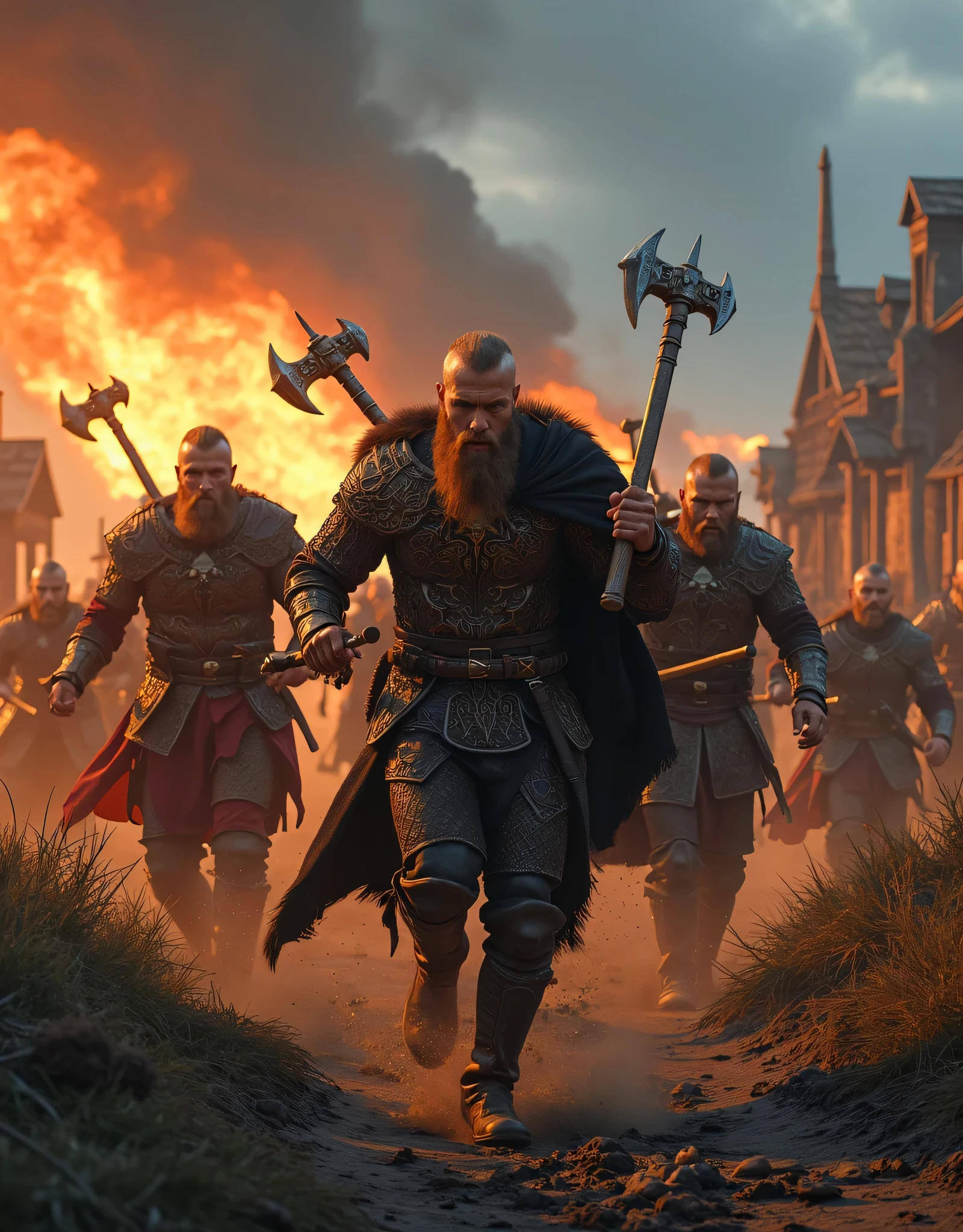**Prompt:** Create an intricately detailed landscape scene of a Viking raiders tribe army during the medieval age, showcasing hyper-realism and a symmetrical composition. Capture the scene from an ultra-wide angle to immerse the viewer in this burning medieval village scenery. Illustrate the Viking raiders, clad in full armor, as they charge into battle with fierce determination, wielding intricately designed battle axes. Emphasize dynamic leading lines that guide the eye through the image, highlighted by a rich UHD ambiance and a mixed lighting concept that enhances the realism of their expressions. Pay special attention to accurate group of human anatomy, focusing on their hands as they charge for combat. Zoom out to reveal the entire battle unit in all its fierce, ensuring a depth of field that enhances the visual impact. Utilize state-of-the-art 3D CGI textures to vividly bring this Viking tribe to life in a visually stunning piece of FantasyPunkAi Artwork.