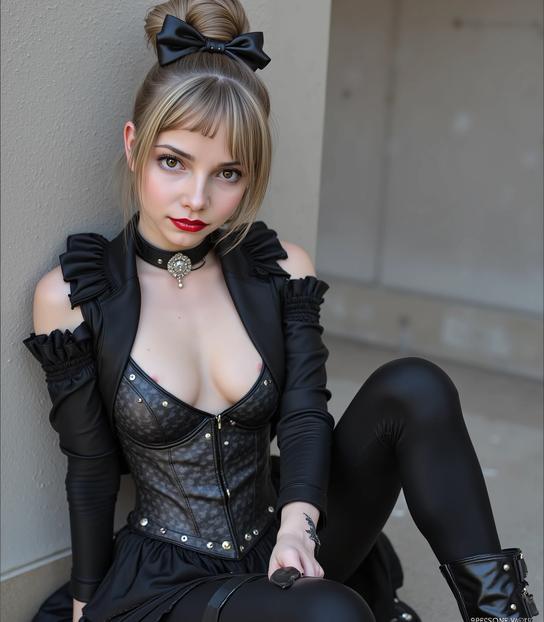 masterpiece, Best Quality, Realistic, Futuristic fashion, fashion portrait, BREAK (1girl,sitting:1.4),(all body shot:1.9), BREAK Incredibly slim waist, Upward-facing medium and perky nipples, with disproportionately medium breasts, and rounded medium buttocks, exuding a sculptural beauty, White and beautiful skin, slim face, arranged gray hair, looking viewer, meat stuck to the clothing, BREAK _ Monochrome Pierrot Costume,
Opt for a fitted corset bodice with black and white diamond patterns, accentuating the waist, Layer with a ruffled, off-the-shoulder blouse in contrasting black and white hues, adorned with oversized bows for a whimsical touch,
BREAK
Pair with high-waisted black pants, featuring exaggerated ruffles or pleats for added volume and drama,
Accessorize with black and white striped stockings or tights, and patent leather ankle boots with oversized buckles for a modern twist on classic clown footwear,
BREAK (in a concrete, fog, mist, Realistic black Shadowv:1.9),