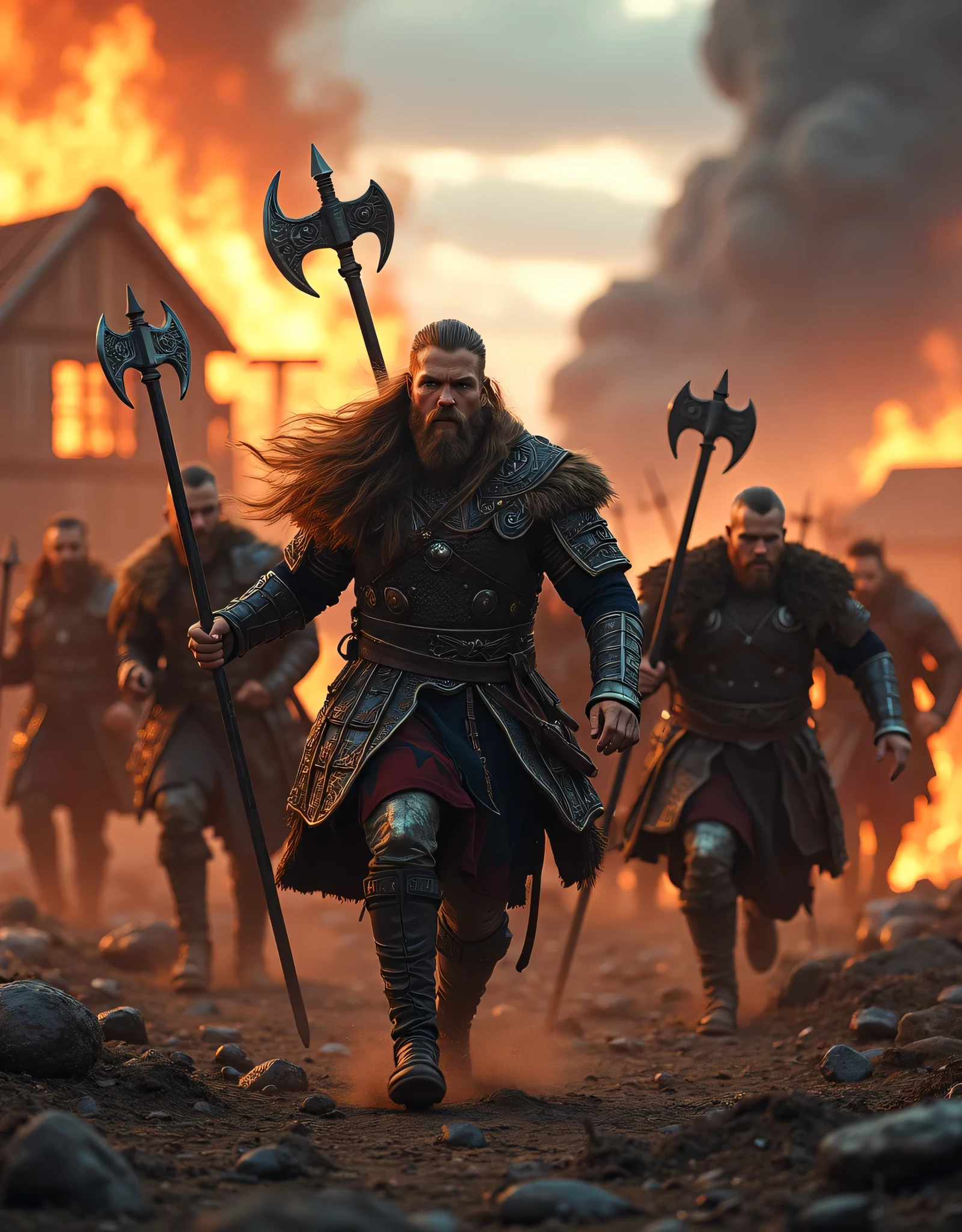**Prompt:** Create an intricately detailed landscape scene of a Viking raiders tribe army during the medieval age, showcasing hyper-realism and a symmetrical composition. Capture the scene from an ultra-wide angle to immerse the viewer in this burning medieval village scenery. Illustrate the Viking raiders, clad in full armor, as they charge into battle with fierce determination, wielding intricately designed battle axes. Emphasize dynamic leading lines that guide the eye through the image, highlighted by a rich UHD ambiance and a mixed lighting concept that enhances the realism of their expressions. Pay special attention to accurate group of human anatomy, focusing on their hands as they charge for combat. Zoom out to reveal the entire battle unit in all its fierce, ensuring a depth of field that enhances the visual impact. Utilize state-of-the-art 3D CGI textures to vividly bring this Viking tribe to life in a visually stunning piece of FantasyPunkAi Artwork.
