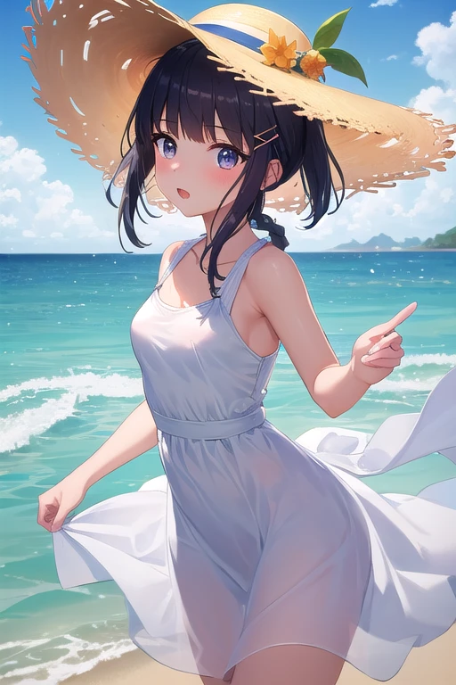 master-piece,Best Picture Quality,super fine,beachside,Sunset,Golden sandy beach,The waves kiss the beach gently,Brilliant clouds of fire,1girl,Gold emanates,white one-piece dress,Sun hat,With a smile,Look at the audience ,summer,