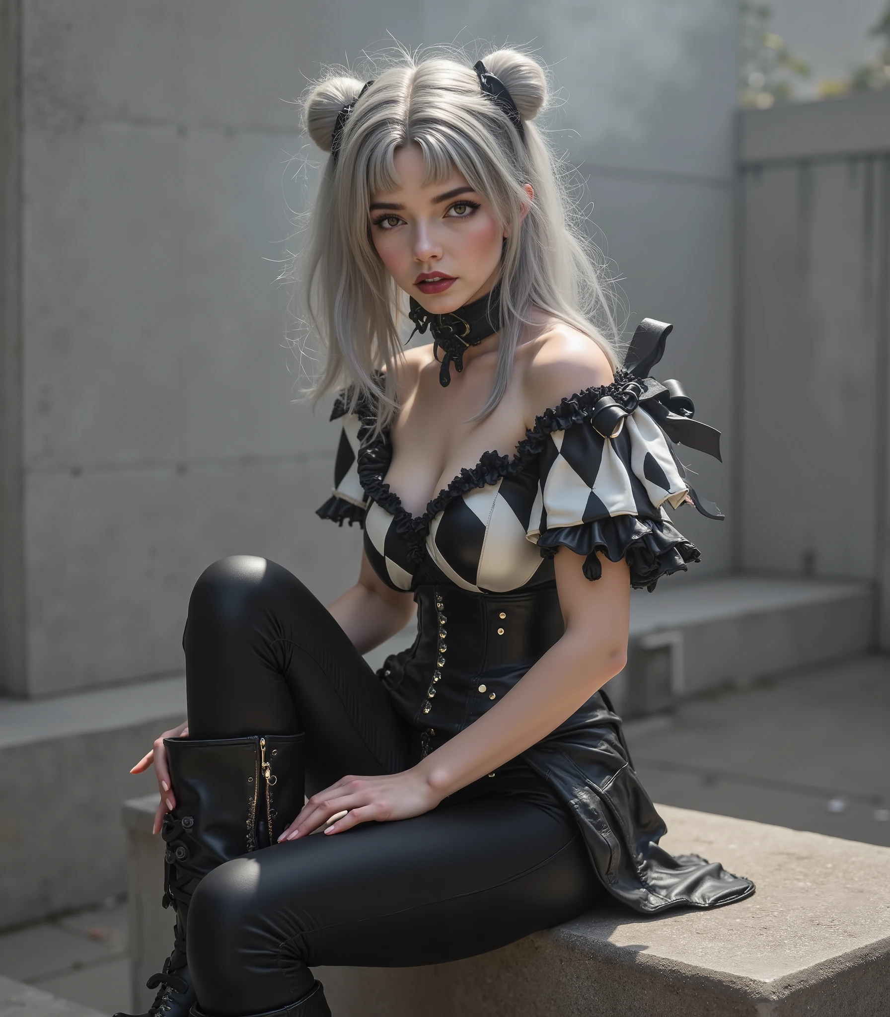 masterpiece, Best Quality, Realistic, Futuristic fashion, fashion portrait, BREAK (1girl,sitting:1.4),(all body shot:1.9), BREAK Incredibly slim waist, Upward-facing medium and perky nipples, with disproportionately medium breasts, and rounded medium buttocks, exuding a sculptural beauty, White and beautiful skin, slim face, arranged gray hair, looking viewer, meat stuck to the clothing, BREAK _ Monochrome Pierrot Costume,
Opt for a fitted corset bodice with black and white diamond patterns, accentuating the waist, Layer with a ruffled, off-the-shoulder blouse in contrasting black and white hues, adorned with oversized bows for a whimsical touch,
BREAK
Pair with high-waisted black pants, featuring exaggerated ruffles or pleats for added volume and drama,
Accessorize with black and white striped stockings or tights, and patent leather ankle boots with oversized buckles for a modern twist on classic clown footwear,
BREAK (in a concrete, fog, mist, Realistic black Shadowv:1.9),
