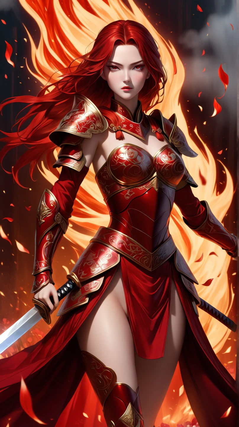 best quality,4k,8k,highres,masterpiece:1.2,ultra-detailed,realistic:1.37,portrait,blade and soul girl,beautiful detailed eyes,beautiful detailed lips,extremely detailed eyes and face,long eyelashes,sword,wield a sword,shine sword,detailed sword,golden hilt,ornate sword,shimmering blade,moon-shaped pattern,symbolic engraving,protective shield,decorated shield,embossed design,dragonscale texture,flowing hair,flowing dress,fierce expression,determined look,strong posture,intense background,fiery atmosphere,dramatic lighting,vivid colors,contrast between light and dark,fluid brushstrokes,traditional art style,warm color tones,emphasize red and gold,playful lighting effects