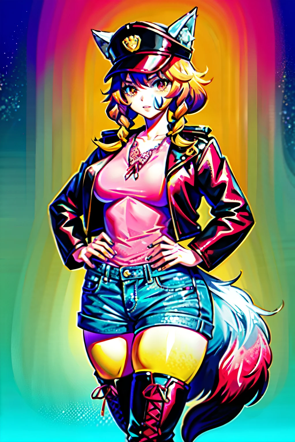 Solo, Score_9, score_8_up, score_7_up, kemono style, Kimiko, An Anthro furry fox girl, yellow furry body, yellow fox tail, , black nose, blonde hair, braided hair, wearing blue daisy dukes, white shirt tied up, visible thong, hand on hip, sunglasses, sunglasses covering eyes, outdoors, sunny day, low angle shot, looking away, majestic, at the beach, looking up, majestic pose