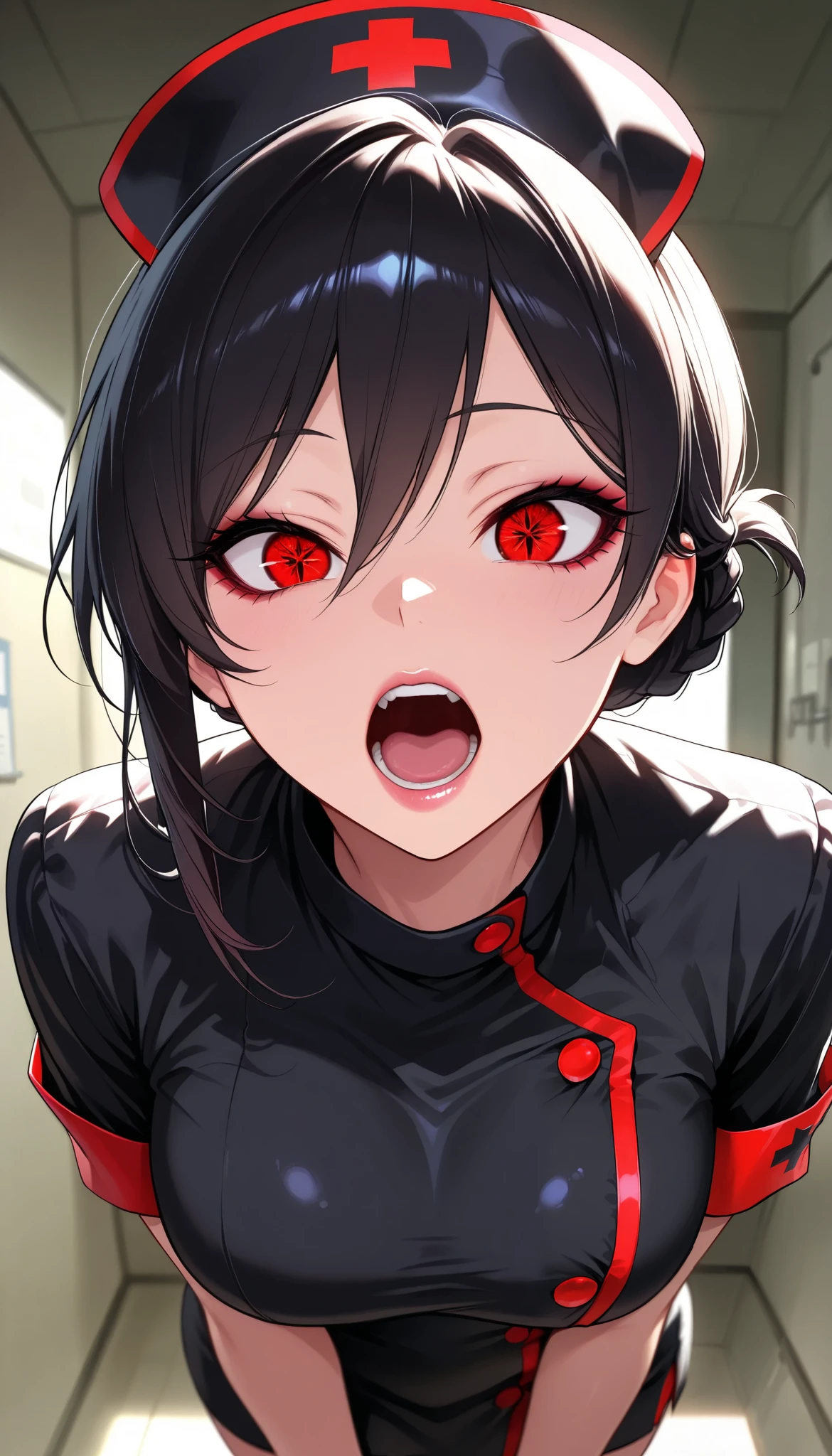 1 Female, Pretty beautiful girl, ((Wear black nurse clothes , black nurse clothes with red accents, black hair, Folded braid)), Pure Bitch, Captivating Body, ( raises eyebrows, evil_Eye _sigma, open your mouth), sexy body, beautiful eyes, beautiful lips, long eyelashes, (Standing by the wall), Dramatic lighting , Lustful Atmosphere , clinic background, Precise medical equipment , Glamorous Light , brightly colored, shallow depth of field , photogenic, super high resolution, RAW Photo, ( best quality:1.2, highly detailed , high detailed CG illustration , Soft Focus , Masterpiece:1.2, Best Aesthetics),