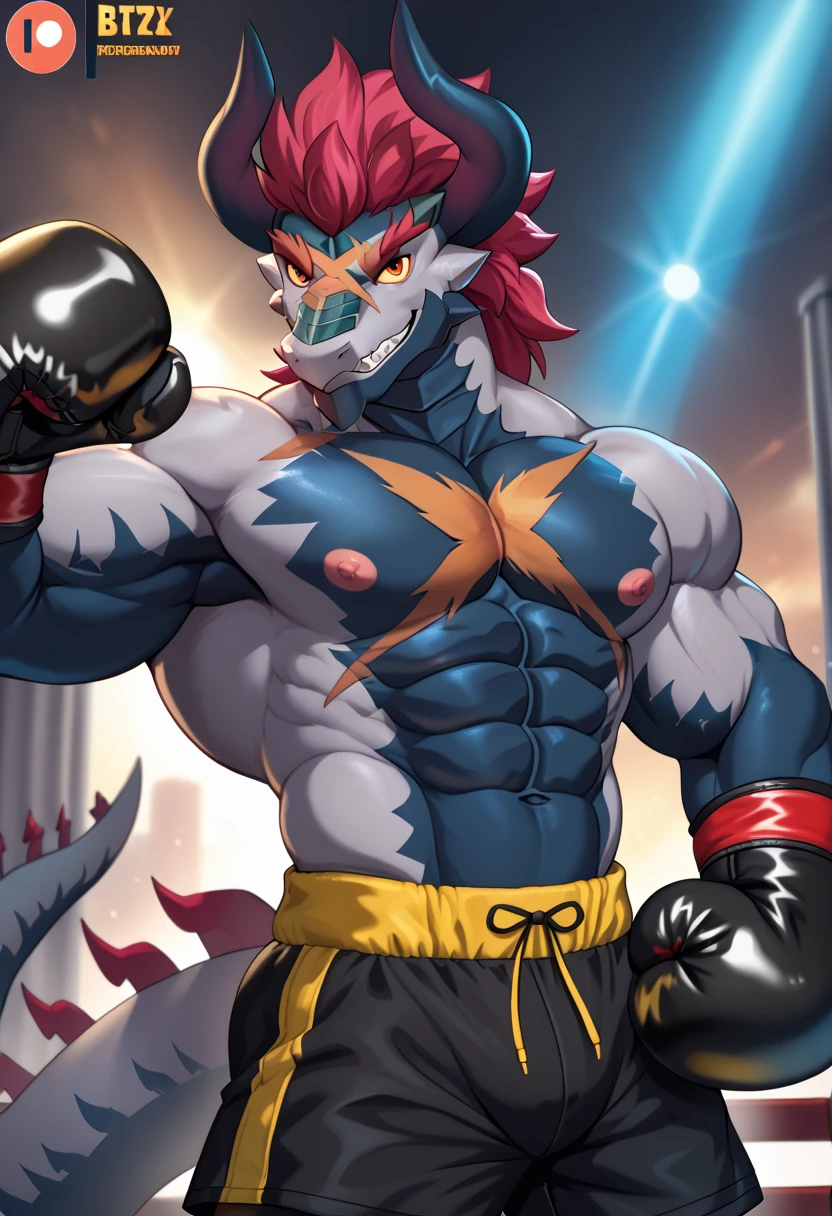 Blackwargreymon ((solamente) altura completa), (Anthro) Black dragon, Lora, adulto, maduro, Masculino, delgado:1.2, flaco:1.2, alto:1, (anatomy correct:1.2), venas vasculares, (Proporciones correctas:1.3), Topless, usando un gran collar negro, cabello amarillo brillante, ojos amarillos grande (vendas en las manos , Boxing Swimsuits), Ultradealtoado, (por WFA:1.2),pose de pelea (por takemoto_Arashi, por vorusuarts, por Traver009:1, por grimfaust:1), natural lighting ((boxing ring):1.4 Antecedentes), (sudar:1.4, Wet:1.6), (mucho sudor fluyendo hacia abajo) exhausto, dragon head ((abrir:1 ojos, Dealtoado):1.2), boca abierta (Aliento humeante:1.2, drooling, goteo de saliva, babas espesas) lengua que sobresale, (serio:1.4) expression), con dolor y algunas heridas