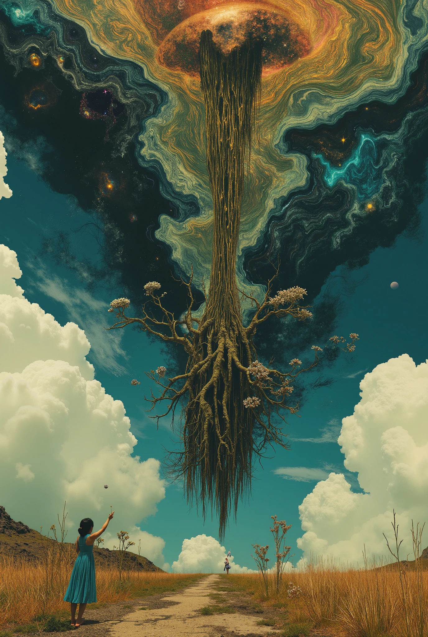 A massive tree is suspended upside-down in the sky, its vast roots woven into dense, misty clouds, pulsing with hidden life. Below, a girl in a blue sundress stands barefoot on a sunlit field, reaching out to grasp a radiant silver flower that dangles from the tree’s unseen branches. The sky above shimmers with swirling galaxies, casting an otherworldly glow over the scene, as if the entire world has been turned inside out.