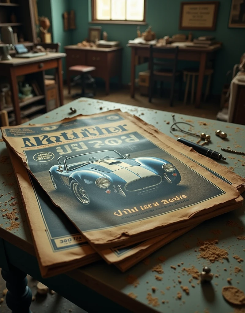 old magazine  "motor sport"  on the cover AC Cobra , , close angle magazine focus ,faded , GLOWED ON THE EDGES , P, a maximum of details , maximum quality .Pожелтевшая Pо краям бумага,Pыль,заPустение,журнал валяется на Pвльном столу в заброшенном здании,