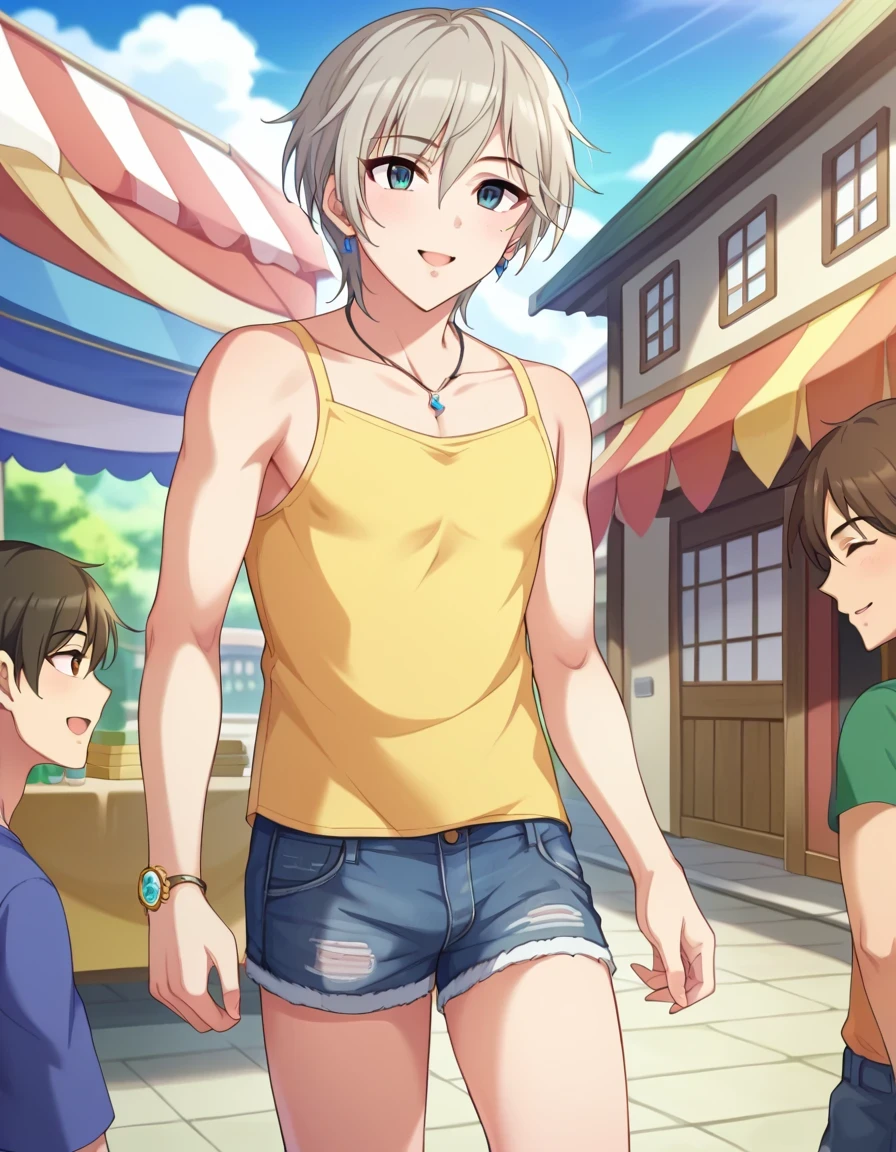score 9 、score 8 up、score 7 up、source anime、rating sensitive、 sexually explicit、 cinematic 、vanishing point、blurry background、depth of field、cowboy shot、1boy 、(beautiful male:1.5)、Alone、dating、joyful、smile、 open lips、 Watch Viewers、Outdoors、night、japanese street、festival、festival、plant、tree、lamppost、pavement、、Anastasia、Short Hair、 gray hair、bangs、 o、(male body:1.5)、casual wear、 yellow camisole、むき出しの肩、Bare Arms、colored camisole 、collarbone、denim shorts、 thighs、Bare legs、gem、 necklace、 bracelet、 earrings、camisole and denim shorts only、