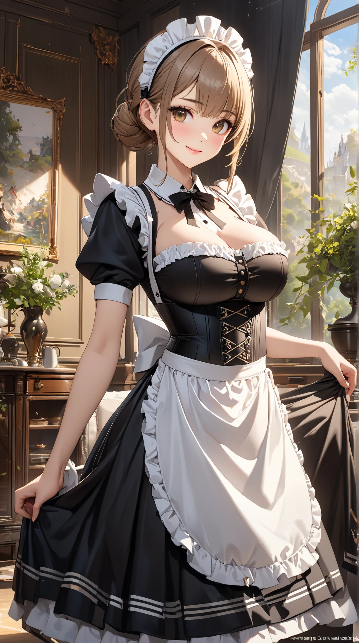 8K quality、High resolution、Maid、Realistic skin texture、Tidying up on tiptoes、High resolutionの肌、Blonde ponytail、thin、Small breasts、Beautiful cleavage、thin脚、Full Body Shot、Wetting、白黒のMaid服、