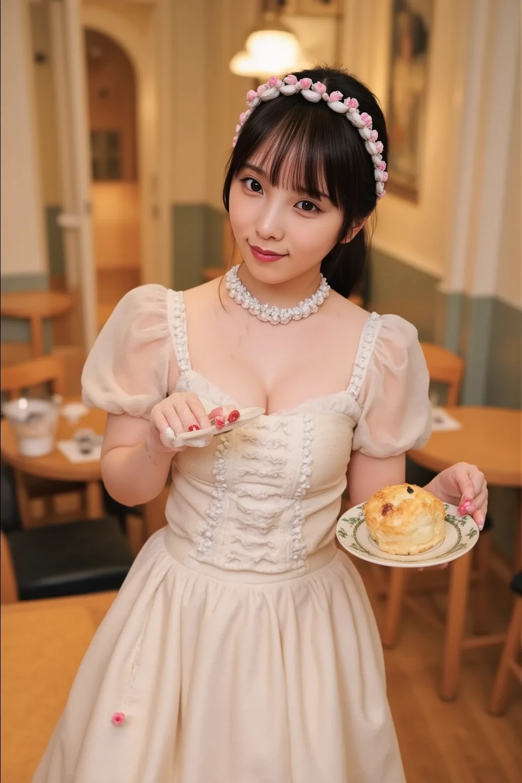 One Girl、(20-year-old woman)、Cat ears headband、Cat tail、Black maid outfit、Holding a tray with two parfaits on it in one hand、With the other hand, lift your skirt to show your underwear、Short skirt、I can see your pants、White knee-high socks、Striped pants、Highest quality、8K、Beautiful Face、Mischievous smile、Wink to the viewer、View Viewer、A bright cafe with a black cat