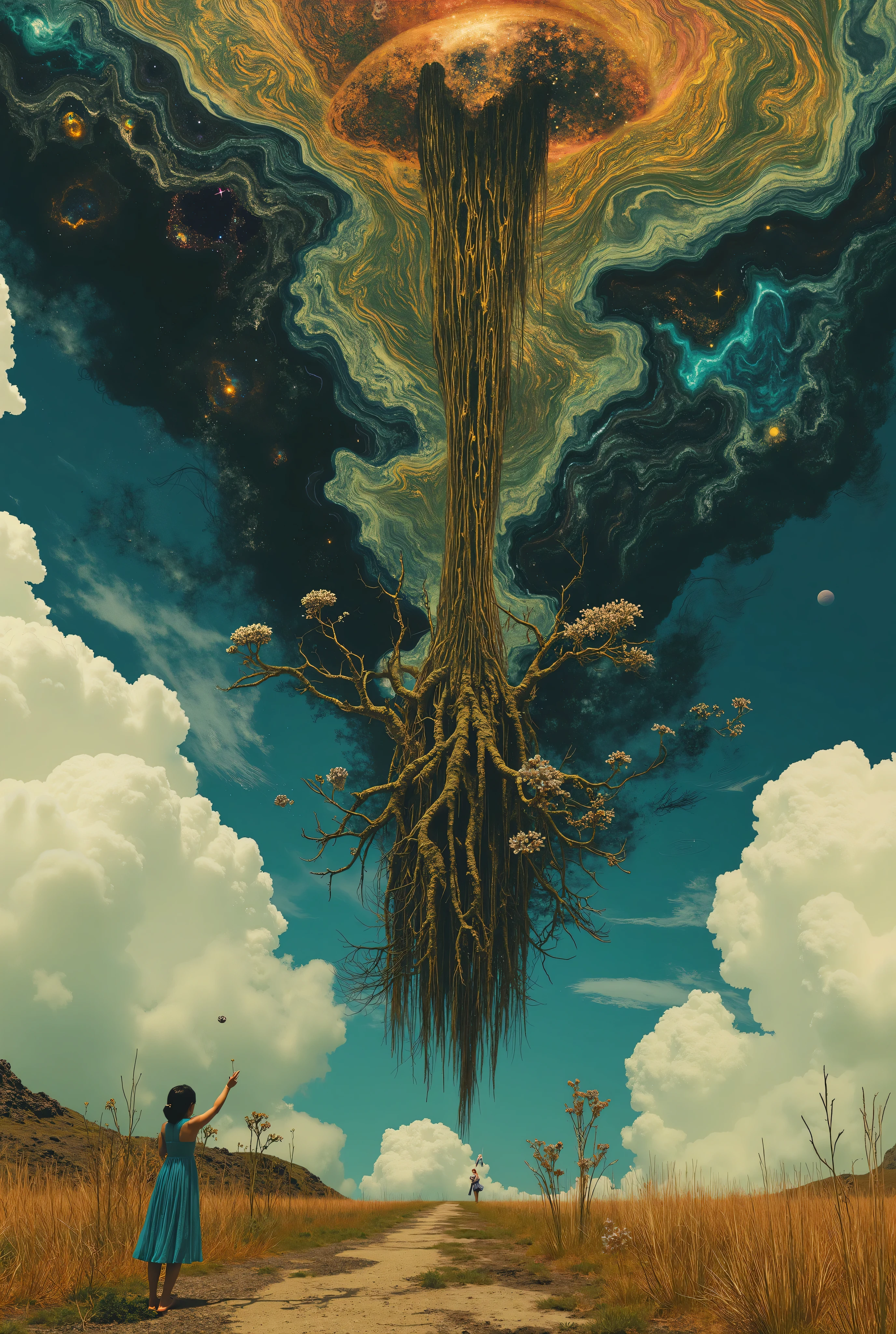 A massive tree is suspended upside-down in the sky, its vast roots woven into dense, misty clouds, pulsing with hidden life. Below, a small girl in a blue sundress stands barefoot on a sunlit field, reaching out to grasp a radiant silver flower that dangles from the tree’s unseen branches. The sky above shimmers with swirling galaxies, casting an otherworldly glow over the scene, as if the entire world has been turned inside out.