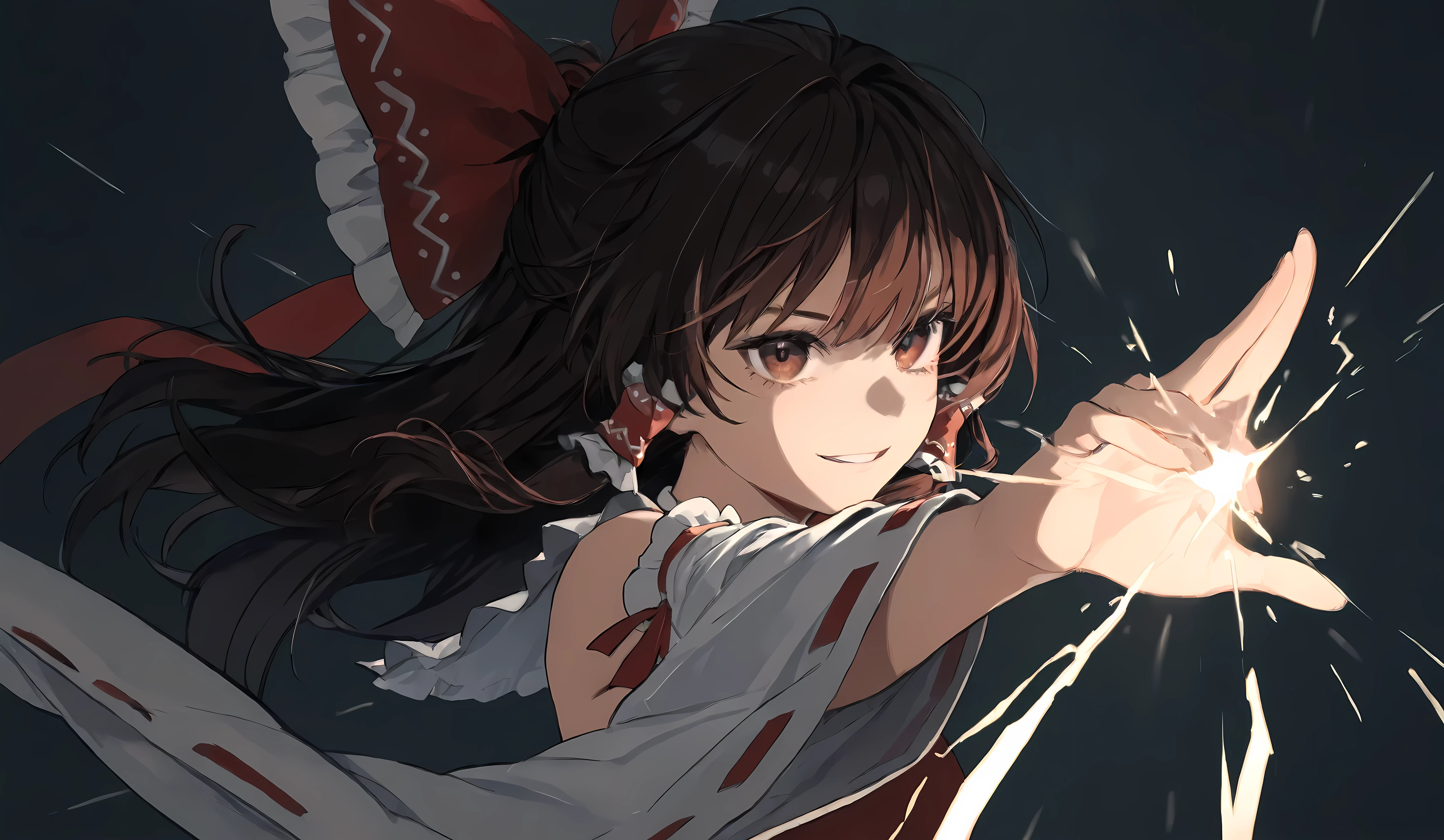Reimu Hakurei、 brown hair、 reddish brown eyes、 beautiful and delicate eyes, best quality of wells,Superb product、Dark gray background 。 illustration depicting a point of view from a distance of a few meters。solo。 illustration from the front。 illustrations that emphasize eyes 。belligerent eyes 、 where your left eye is emitting light、, open your eyes and smile at 。Reimu Hakurei、 brown hair,Illustration depicting the upper body。