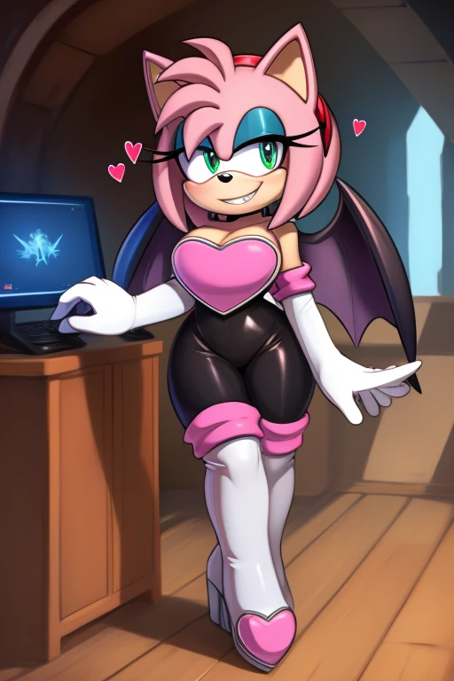 Female, Mobian, Hedgehog, Maroon fur, (long hair/quills), breasts, standing, solo, 1girl, blue eyes, masterpiece, best quality, 1girl, solo, average sized breasts, ((looking at viewer)), furry, furry female, sonic the hedgehog \(series\), perfect anatomy, (rouge_the_bat_(cosplay):1), white elbow gloves, bare shoulders, ((masterpiece,best quality)), aarem, hair over one eye, large breasts, cleavage, cowboy shot, house, city view window, motherly figure, (milf sized proportions), some makeup, (scared), (embarrassed and confused)