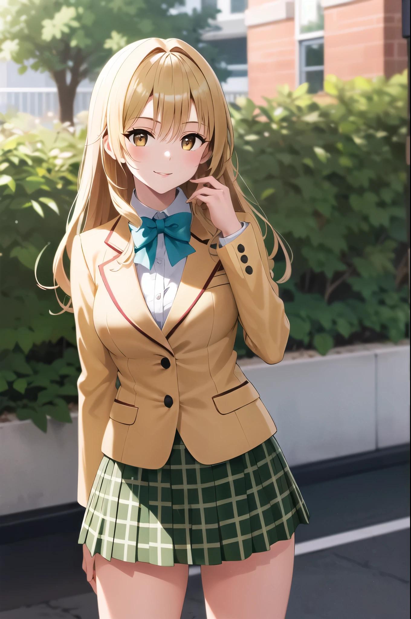 masterpiece, highest quality, High resolution, 1 girl, alone, long hair, blonde hair, double good, brown eyes , green bow tie, white shirt, yellow blazer, long sleeve, plaid skirt, green skirt, Are standing, cowboy shot, outdoor, glossy lips,hand behind head, arm at side,smile