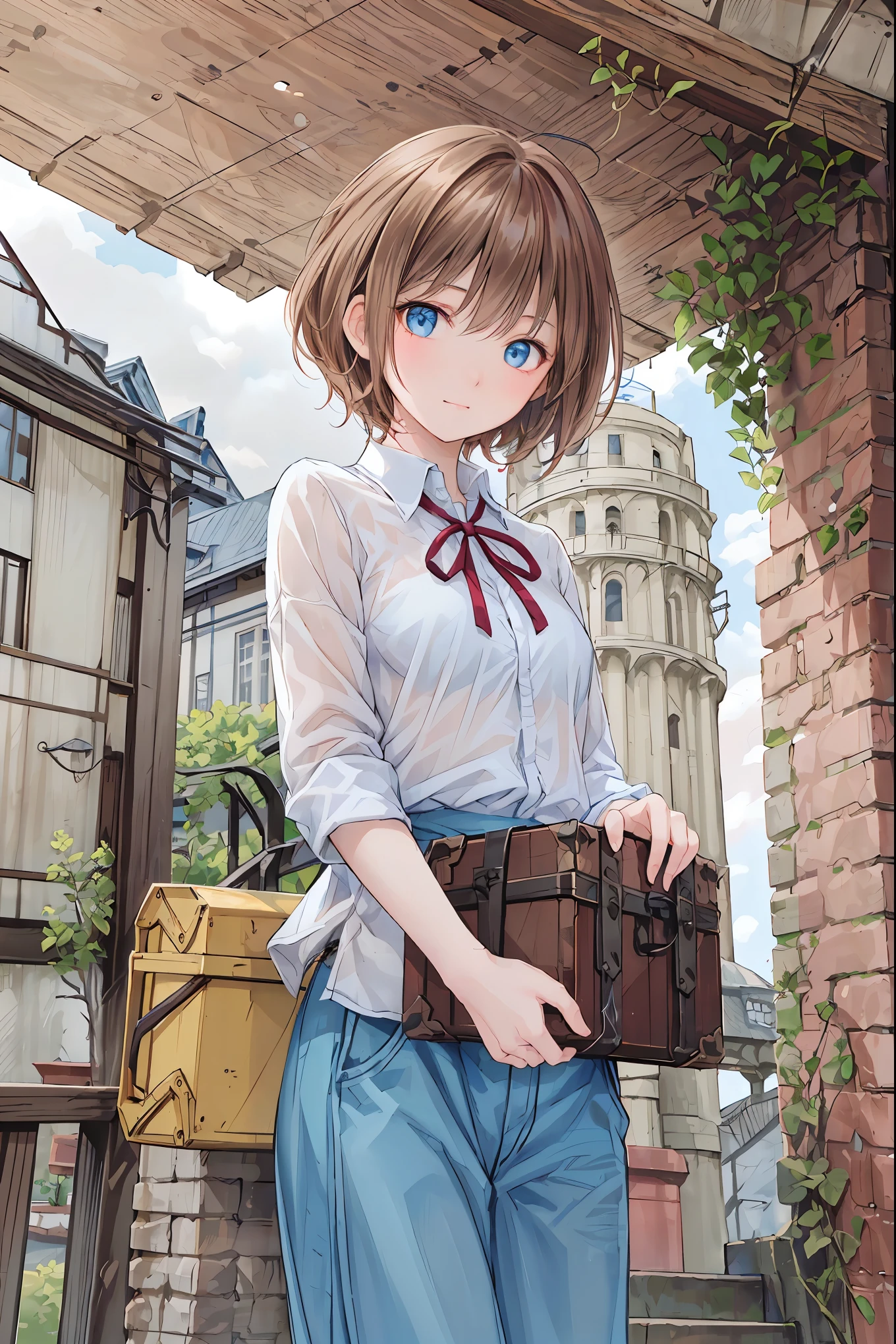 (( masterpiece )), ( black clothes), (( top quality)), ( Photos from the past 100 years :1.2), ( high image quality :1.3), ( take professional photos of every place where flowers bloom :1.2), ( Color Difference), mischievous girl , (()), (Serious), audience , Plain Shirt, Bedhead, curly hair, ( SMALL WAIST PANTS ), ((Take off your work pants)), , ( small breasts), Cute waist, outdoor , ((Top of the big bell tower)),International Travel,Brown suitcase, The sun shines on a bright summer day , Girl looking down from the top of a hill , the wind is blowing ,Tower of Pisa, Tourist Site, ANCIENT CITY ,sunlight ,Highlands,holy place,Multiple Churches, brown hair , shortcuts , hair is disheveled , short braided hair , Neat , slender beauty 、 Positive Attitudes , small breasts, beautiful legs with a tail , Her charming gray-blue eyes shine like stars {x} , bright color, beautiful eyes ,A delicate smile, her enchanting gray-blue eyes sparkle like stars , top quality, Gentle beautiful woman , anime style、(( from below:1.2)),