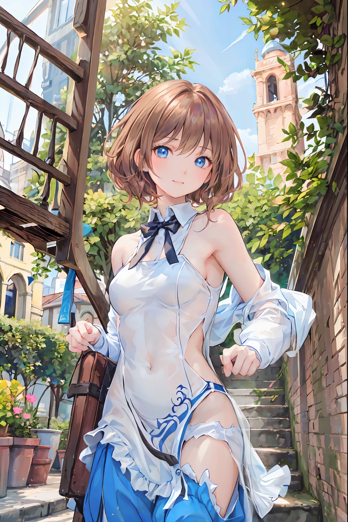 ((     masterpiece    )), ( black clothes), ((  top quality)), (    Photos from the past 100 years         :1.2), (    high image quality   :1.3), (     take professional photos of every place where flowers bloom     :1.2), ( Color Difference),         mischievous girl       , (()), (Serious),  audience  , Plain Shirt,  Bedhead,    curly hair, (        SMALL WAIST PANTS       ), ((Take off your work pants)), , (    small breasts), Cute waist,         outdoor   , ((Top of the big bell tower))，International Travel，Brown suitcase，      The sun shines on a bright summer day        ，    Girl looking down from the top of a hill       ,         the wind is blowing  ，Tower of Pisa， Tourist Site，      ANCIENT CITY     ，sunlight   ，Highlands，holy place，Multiple Churches，     brown hair    ，        shortcuts    ，        hair is disheveled ，       short braided hair      ， Neat ，     slender beauty 、 Positive Attitudes ，    small breasts，             beautiful legs with a tail            ，           Her charming gray-blue eyes shine like stars {x}  ，        bright color,            beautiful eyes    ,A delicate smile,          her enchanting gray-blue eyes sparkle like stars   ,   top quality,   Gentle beautiful woman   ,       anime style､((    from below:1.2)),