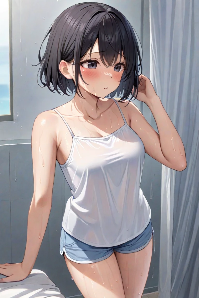 (1 female), short bob, 28 years old, Japanese, brown eyes, brown hair, slim, (flat chest),
wearing a white T-shirt over her swimsuit and taking a shower