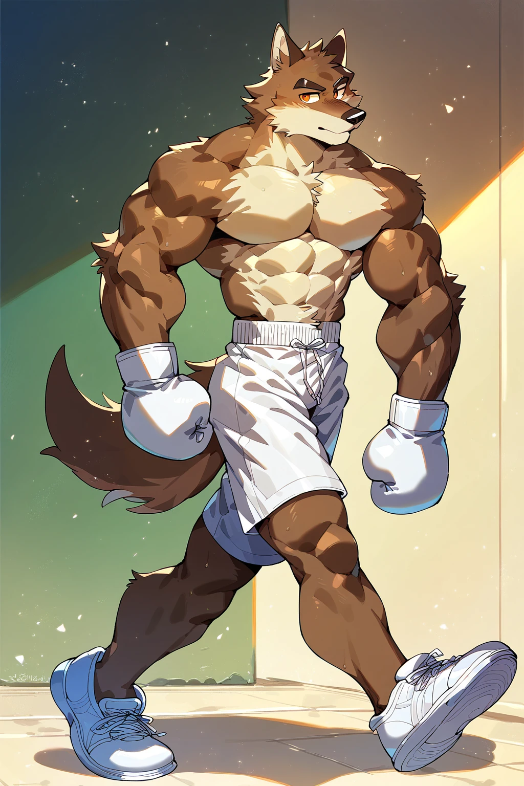 anthro kurama, 4k, high resolution, best quality, posted on e621, (solo:1.1), anthro body, male, adult, very masculine, (very muscular, muscular arms, muscular legs, strong chest, abs muscular pecs, heavyweight, ripped muscles:1.2), correct anatomy, (show wrestling background, wrestling ring), (by wfa, by chunie:0.8), (by Taran Fiddler:1.0), (detailed eyes:1.2), (watercolors:1.0), (speedos,1.0), serious face, open mouth, (sweat:1.2), flexing muscles, low-angle shot, close-up