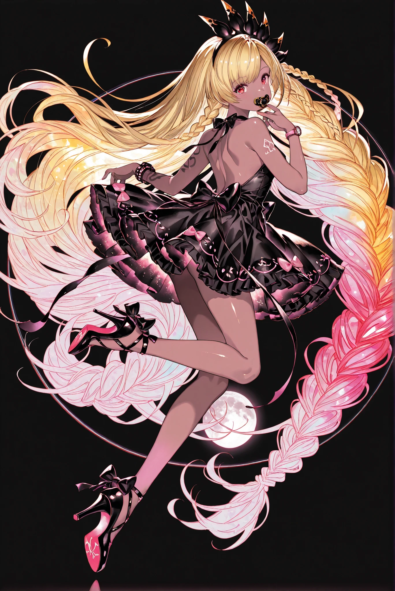 ( stands,whole body, high heels:1.7),HoleHeels,oval/Circle/Thorn/Horn Heels,Big Hair 蝴蝶結)), Big Hair , ( Cute Harajuku Style Dress ), Mini Dress , Dress Bow , Pink Daddy Kawaii Dress, , Limited Color Palette, Black Background ,Colorful, vivid colors ,Flashing silhouette ,neon,black light ,watch, Masterpiece, very beautiful ,, shiny skin, night, moon, black dress, backless dress, golden ornaments, arm tattoo, , Granblue_ fantasy, Helel_Ben_Shalem, dark skin, Blonde, long hair, braid, red eyes, pacifier,