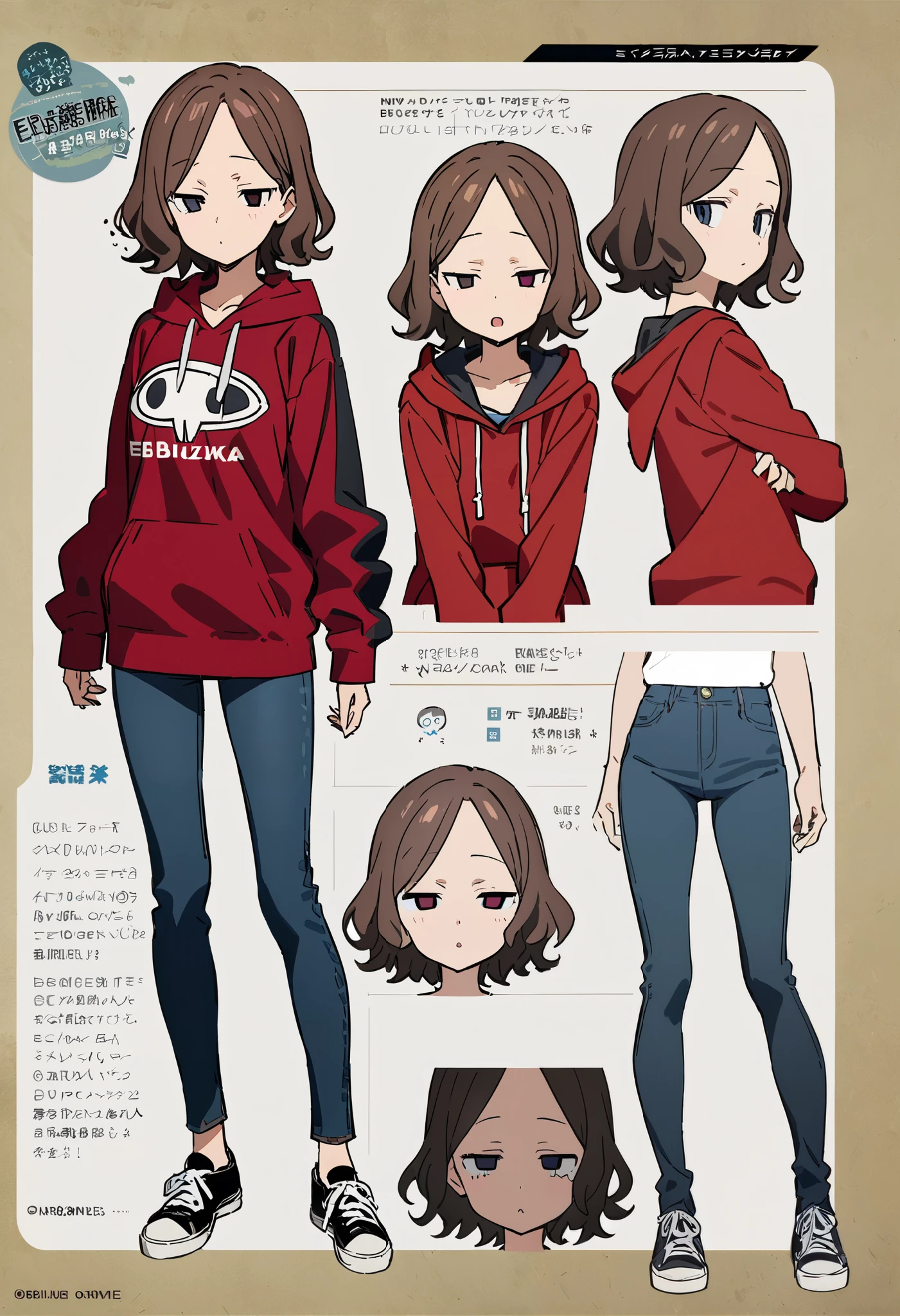 girls on the left, ebizuka tomo,front,Dead Eyes, jeans, hoodie,hacker, Masterpiece , best quality , character design sheet ,Front , Three Views , tall ,Facing Front