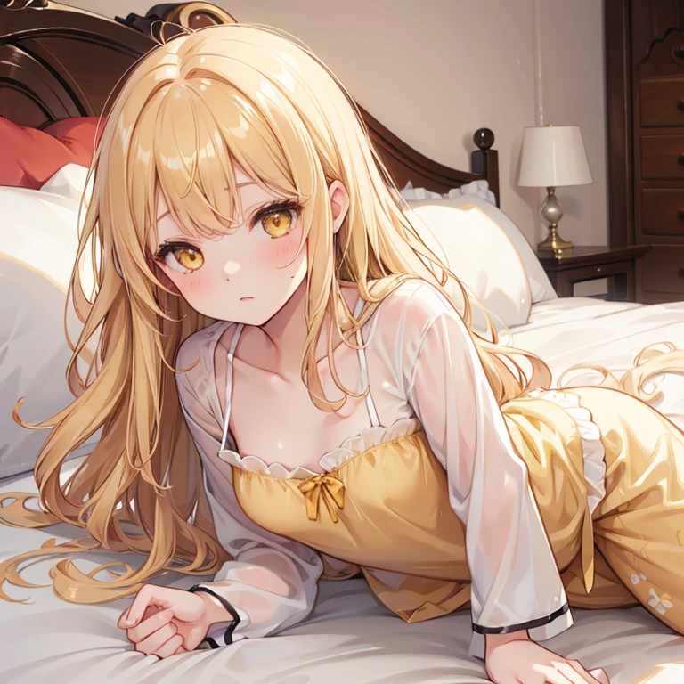 Best quality at best, 4K, On the table :1.3), short pretty woman, golden hair、Long hair、hairlength、kawaii pose、A smile、Colossal tits、 Super detailed face、pyjamas、 pajamas、Hide one eye、詳細な目, Debauchery, Pose seductively, Smooth skin, (Big chest), Round chest、Red blush。